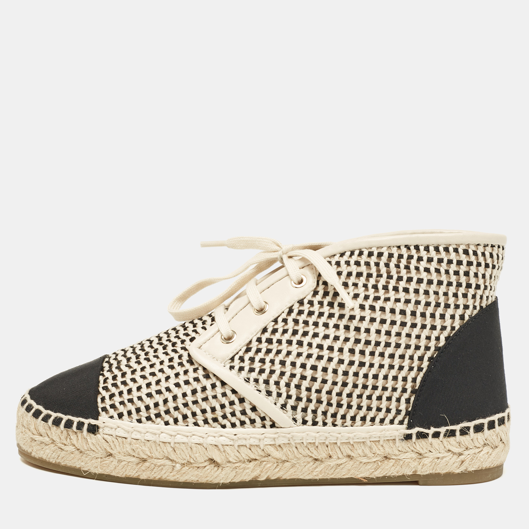 

Chanel Beige Woven Canvas and Grosgrain CC High Top Sneakers Size