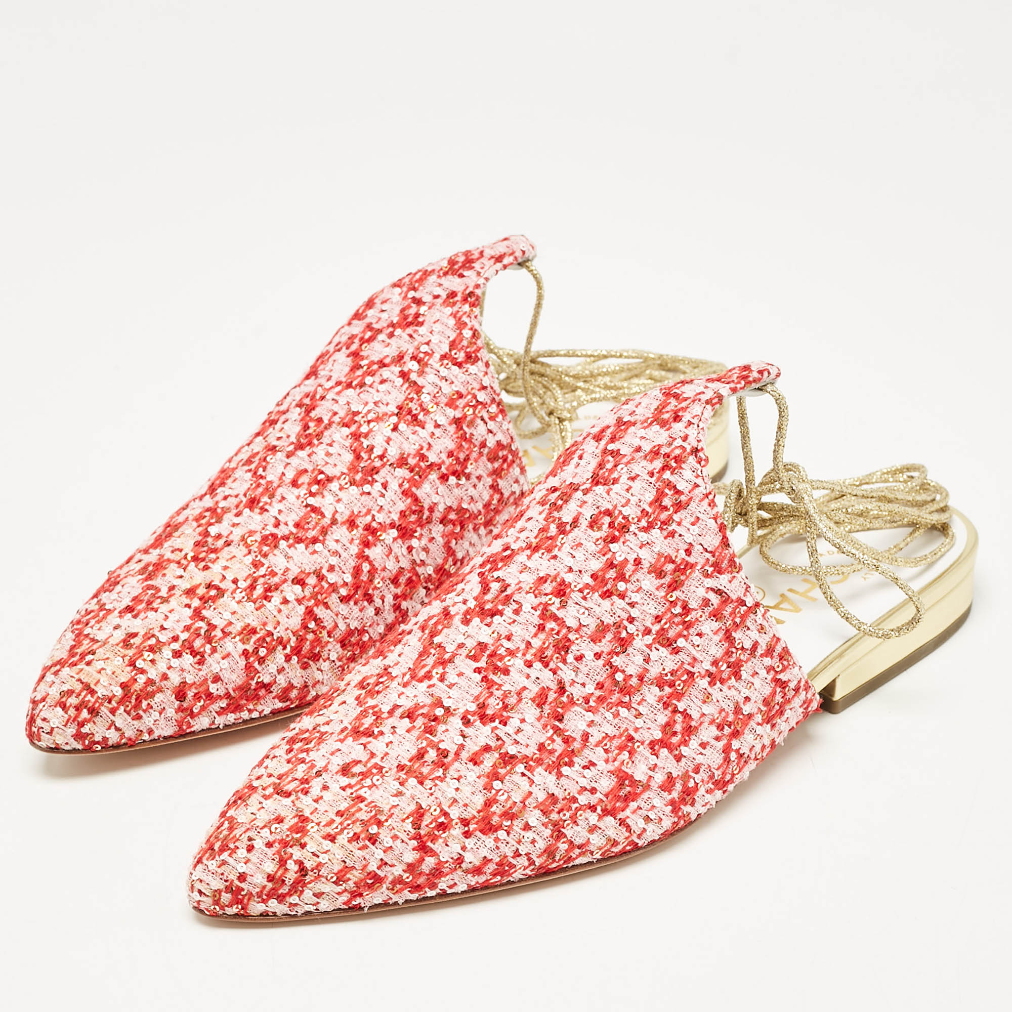 Chanel Red/Pink Sequin and Tweed Ankle Wrap Flat Mules Size 36.5 