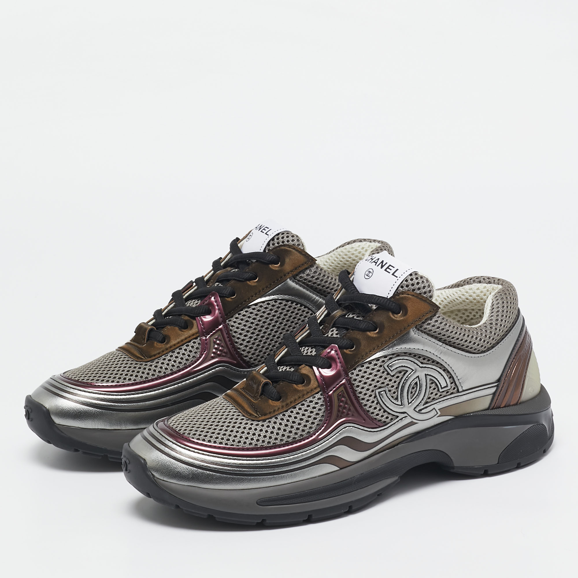 Chanel Multicolor Leather and Mesh CC Low Top Sneakers Size 37.5 