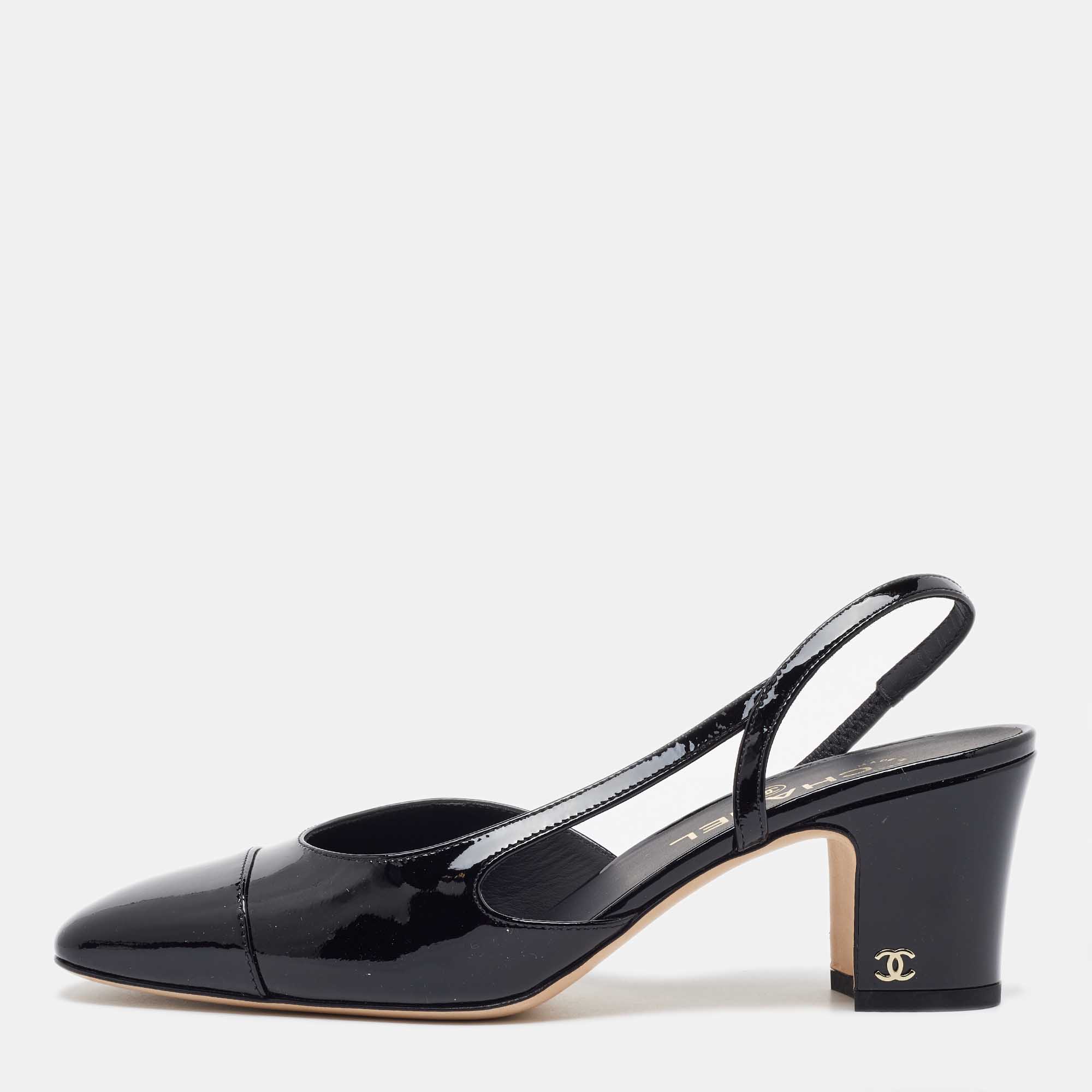 

Chanel Black Patent Leather CC Cap Toe Slingback Pumps Size