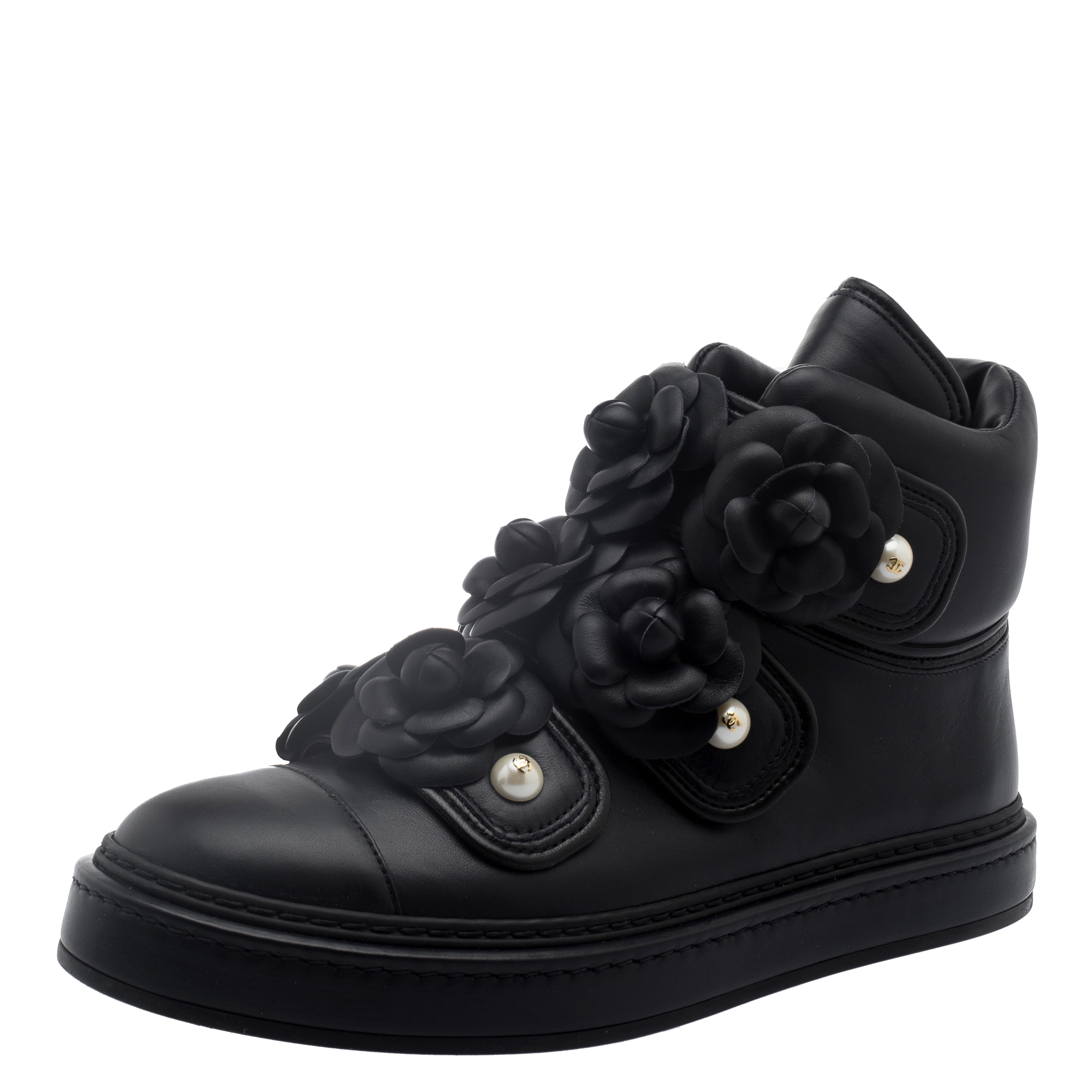Chanel Black Leather Camellia Flowers Embellished High Top Sneakers Size   Chanel | TLC