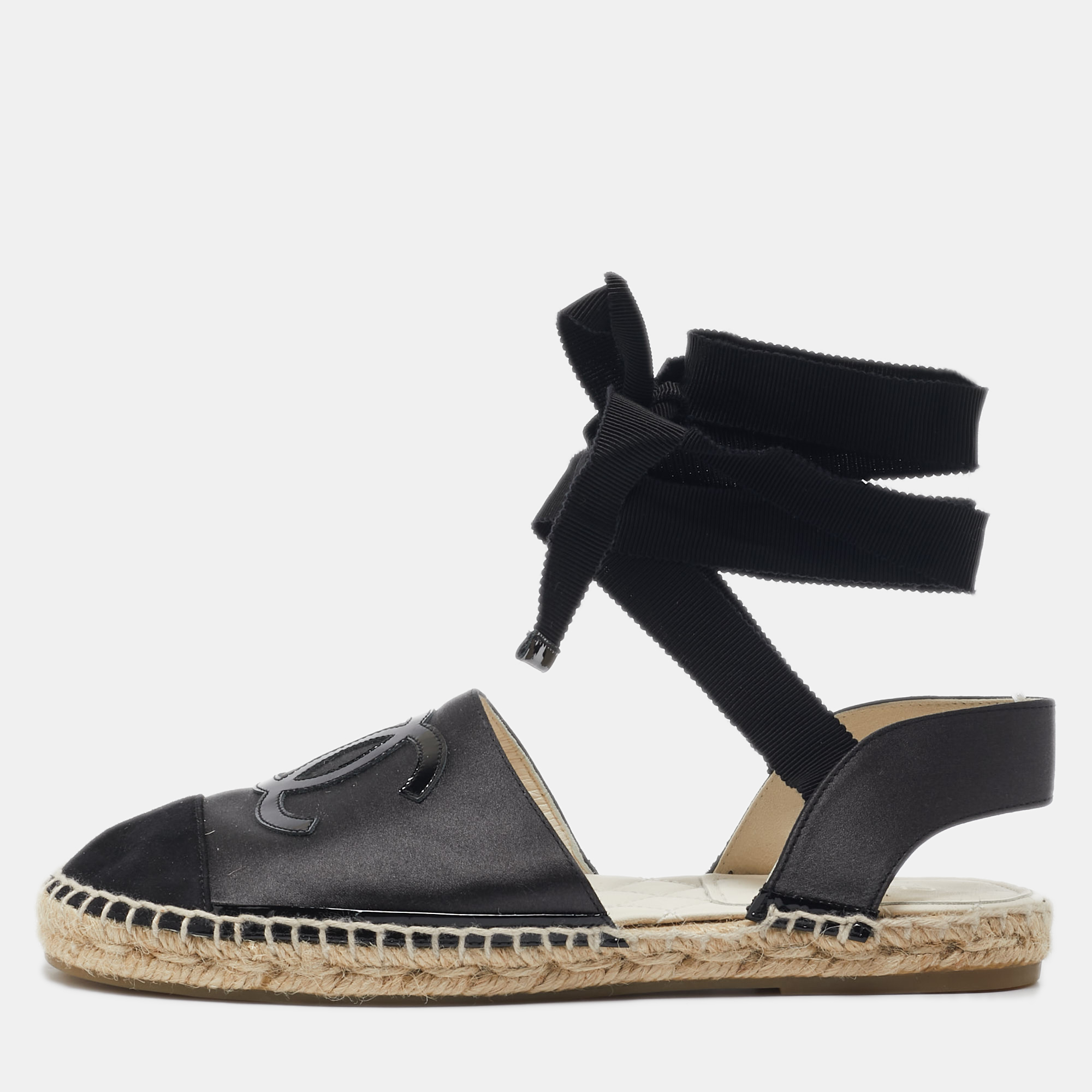 

Chanel Black Satin CC Espadrille Ankle Strap Flats Size