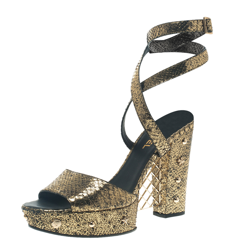 Chanel Metallic Gold Python Ankle Strap Platform Sandals Size 41