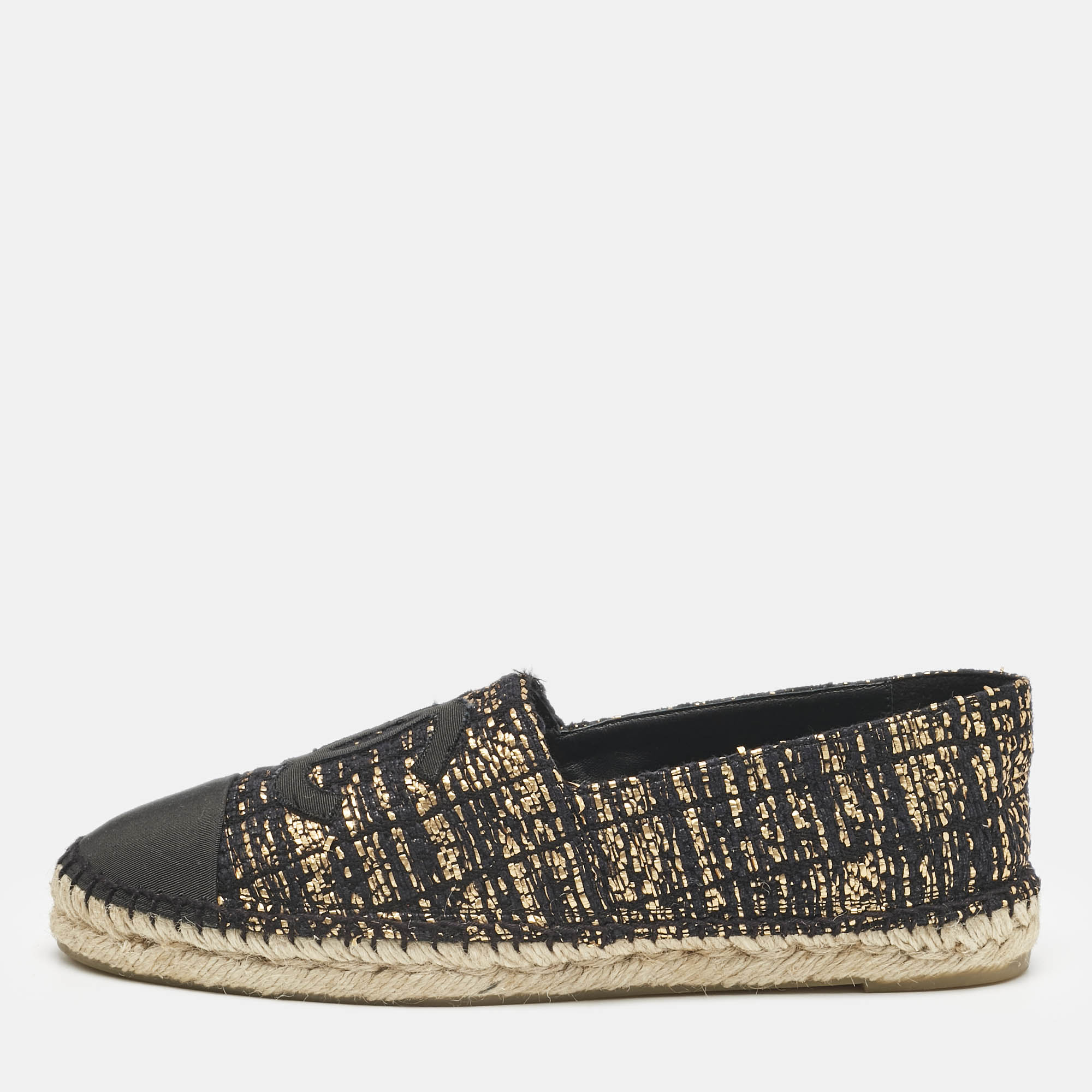 

Chanel Black/Gold Canvas and Tweed CC Espadrille Flats Size