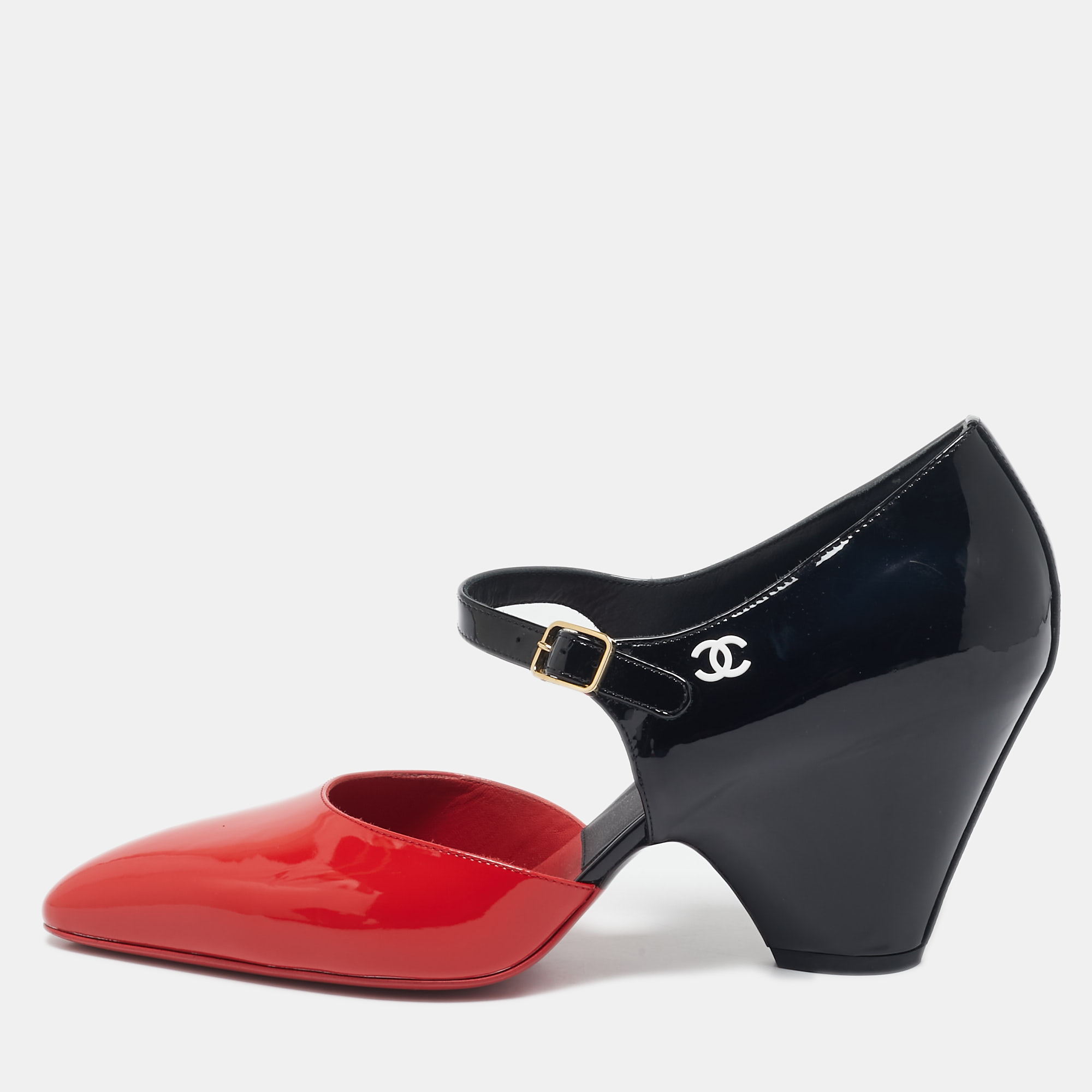 

Chanel Red/Black Patent Leather Mary Jane Wedge Pumps Size