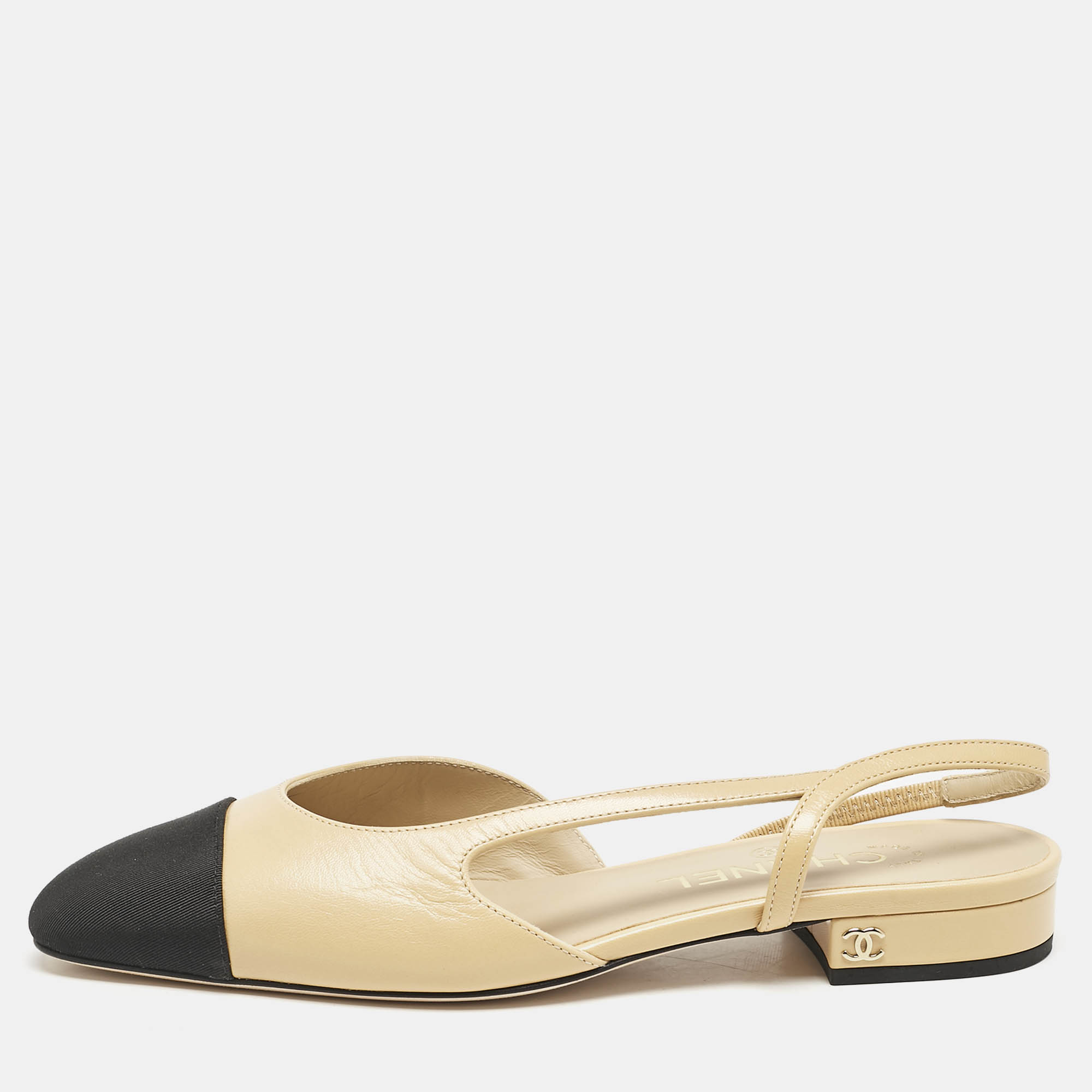 

Chanel Beige/Black Leather and Grosgrain Cap Toe Slingback Flats Size