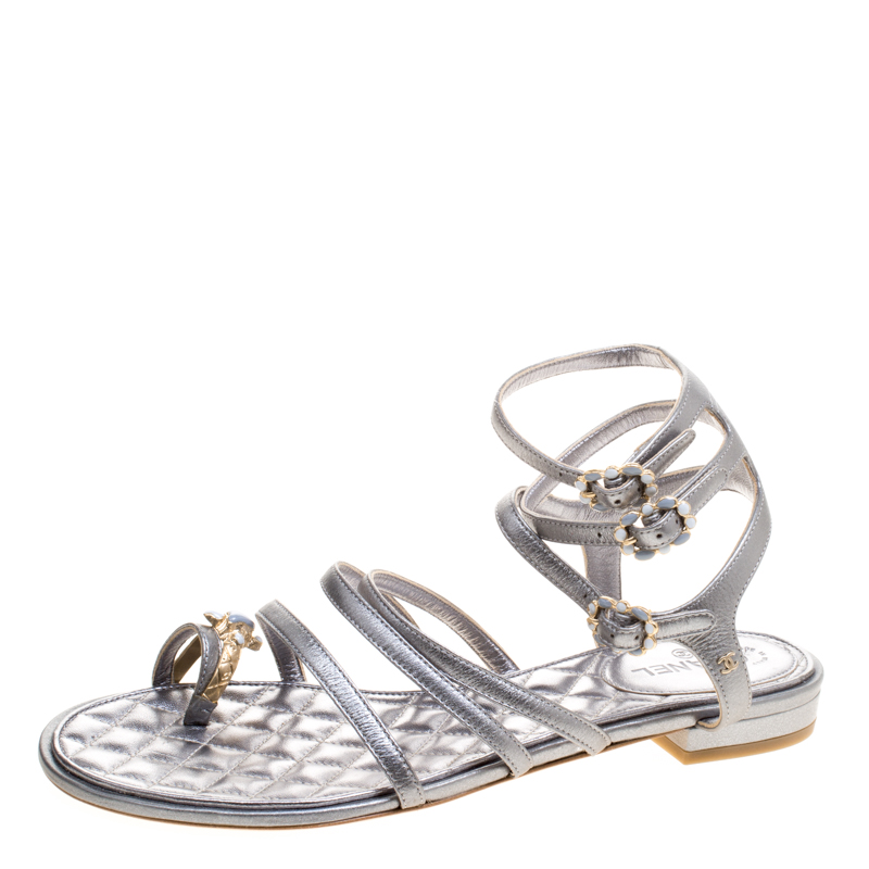 Pre Owned Chanel Metallic Grey Leather Enamel Embellished Toe Ring Flat Sandals Size 37.5