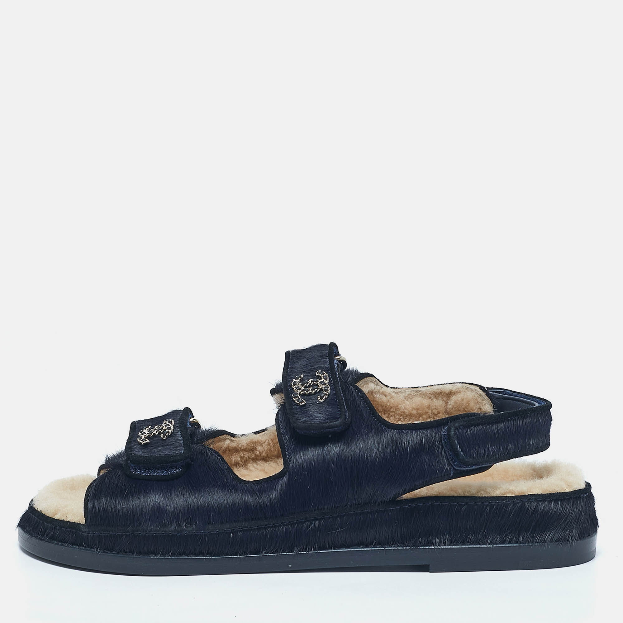 

Chanel Navy Blue Calf Hair CC Dad Flat Sandals Size