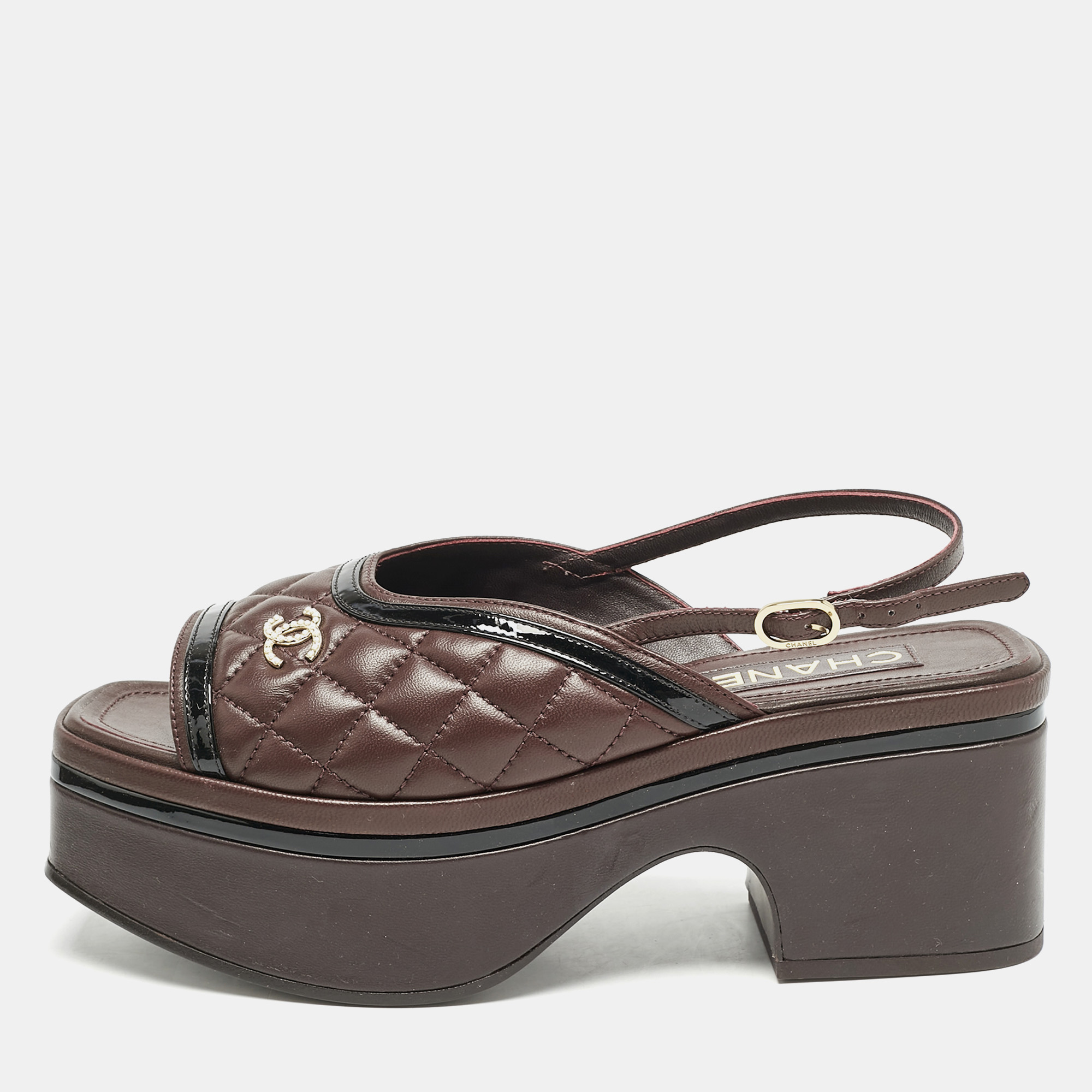 

Chanel Burgundy Leather CC Quilted Platform Slingback Sandals Size