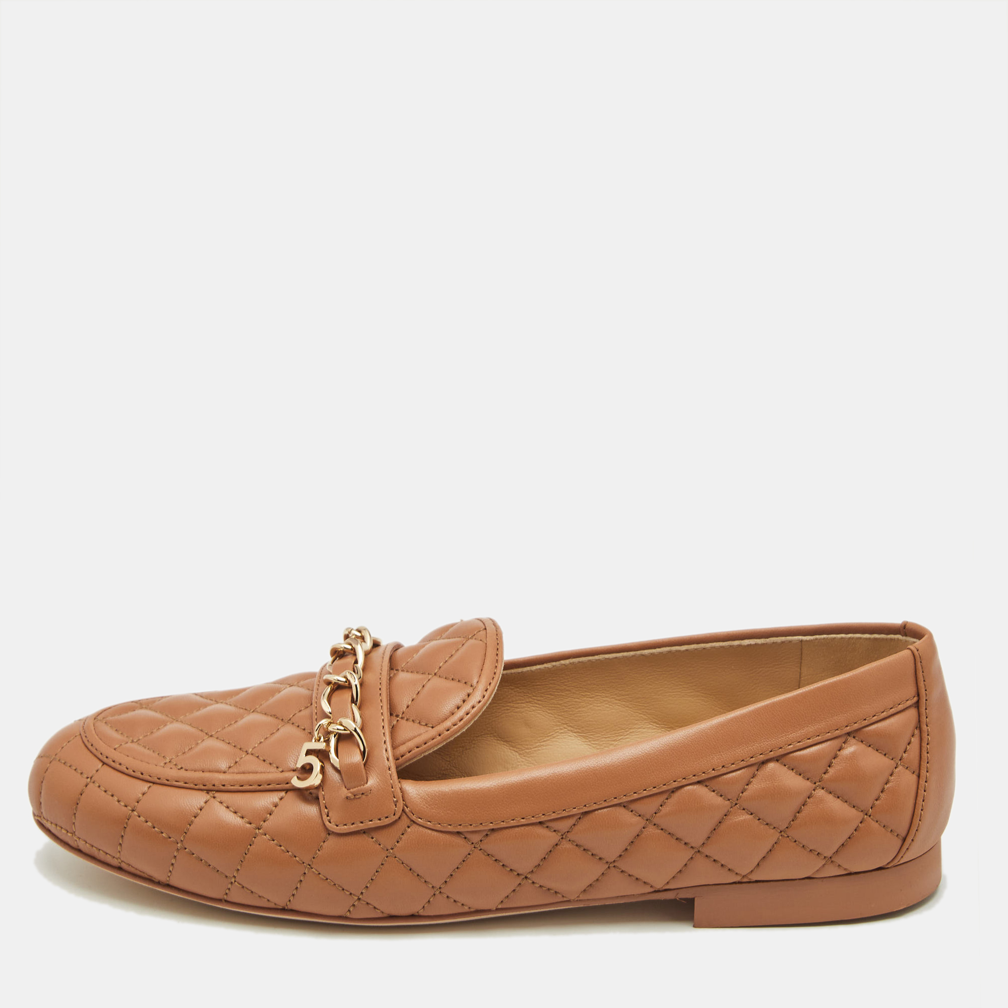 

Chanel Brown Quilted Leather CC Chain Loafers Size