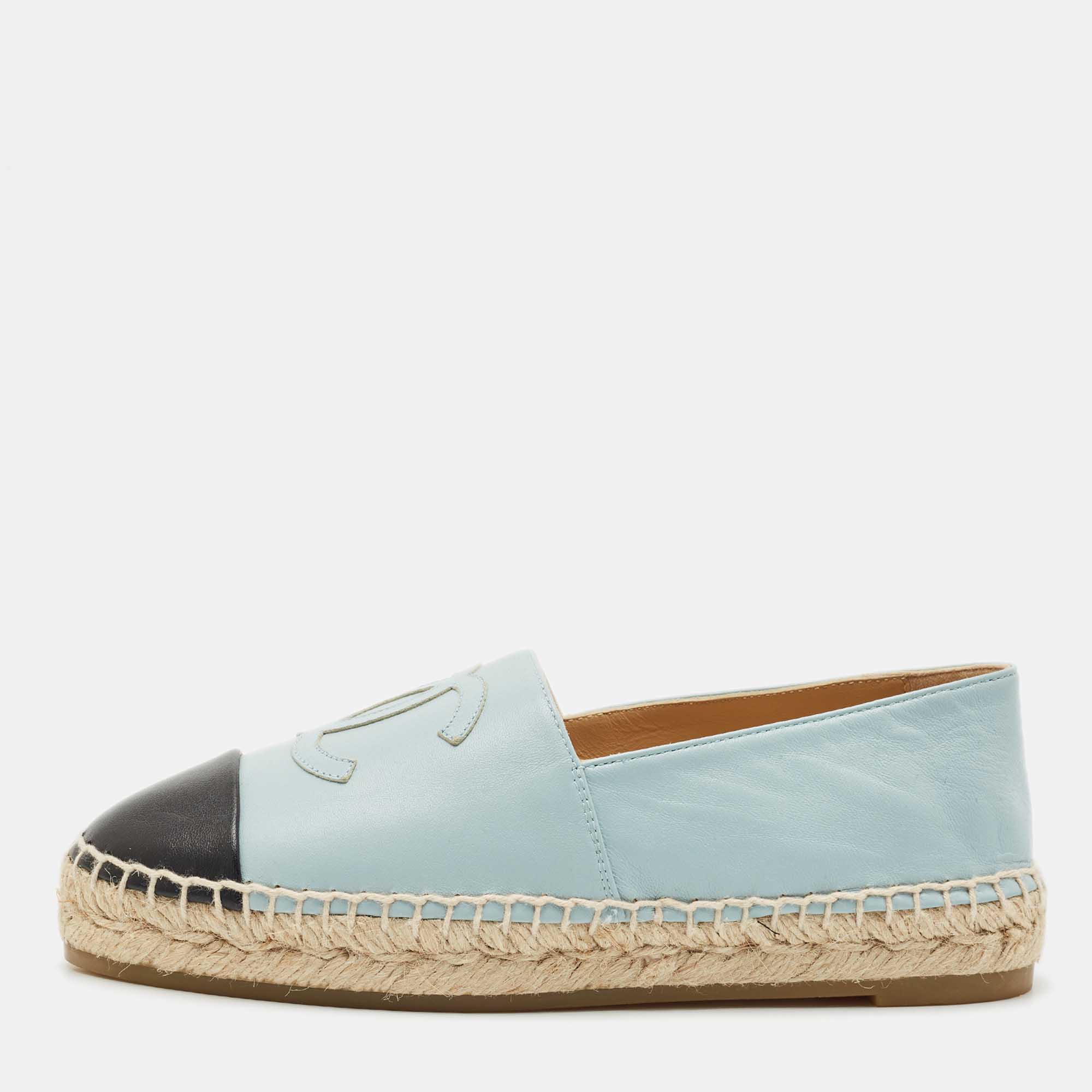 

Chanel Blue/Black Leather CC Cap Toe Espadrille Flats Size