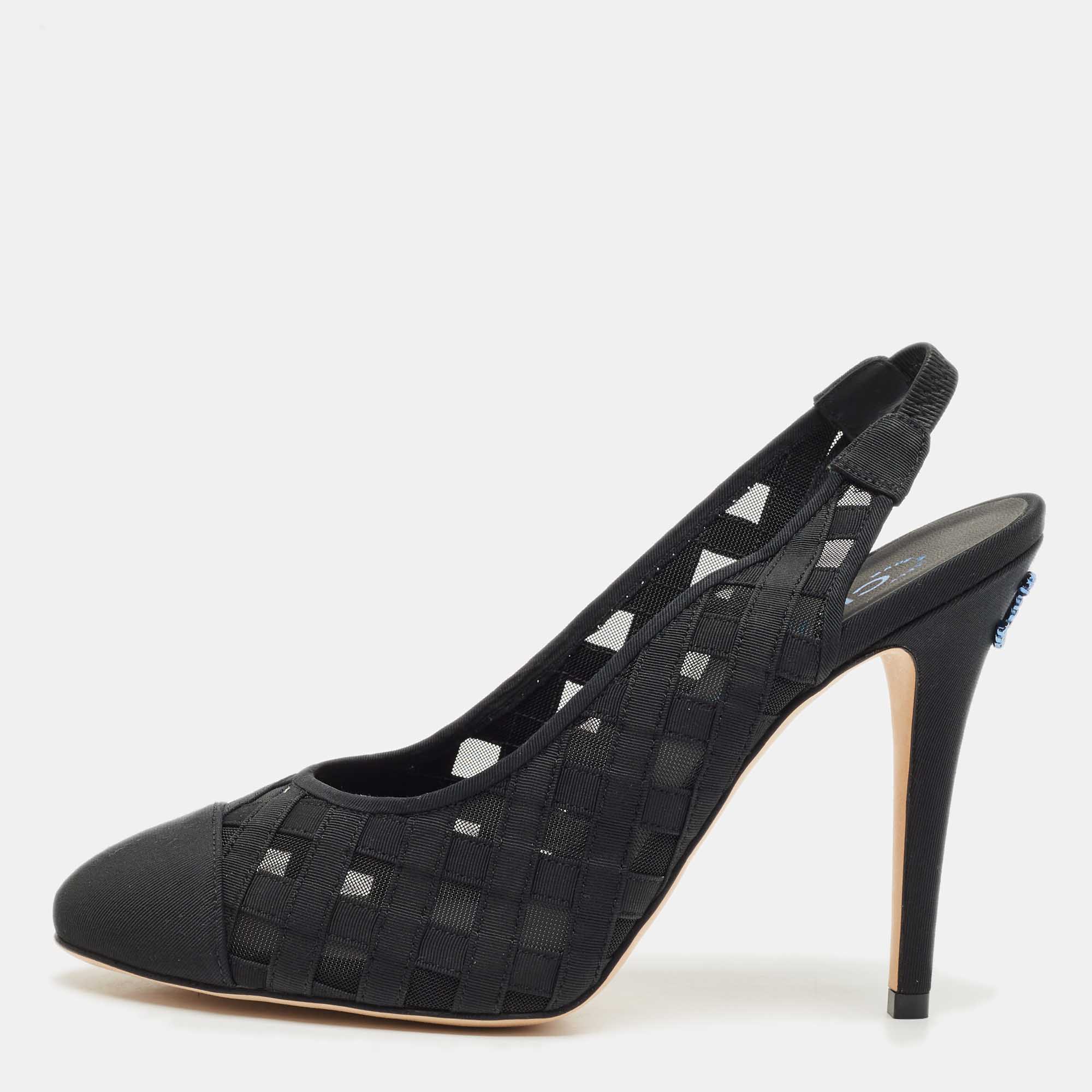 

Chanel Black Woven Fabric and Mesh CC Cap Toe Slingback Pumps Size