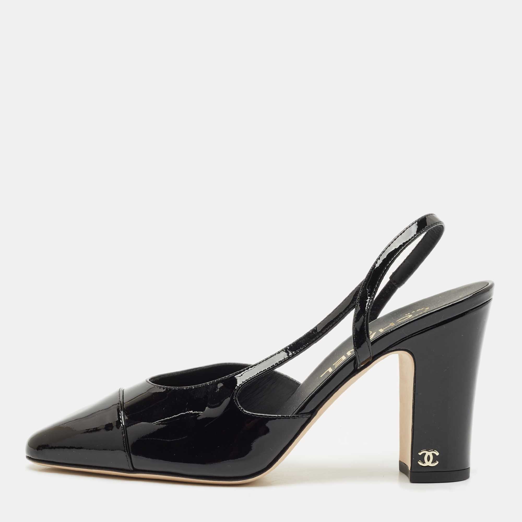

Chanel Black Patent Leather Cap Toe Slingback Pumps Size