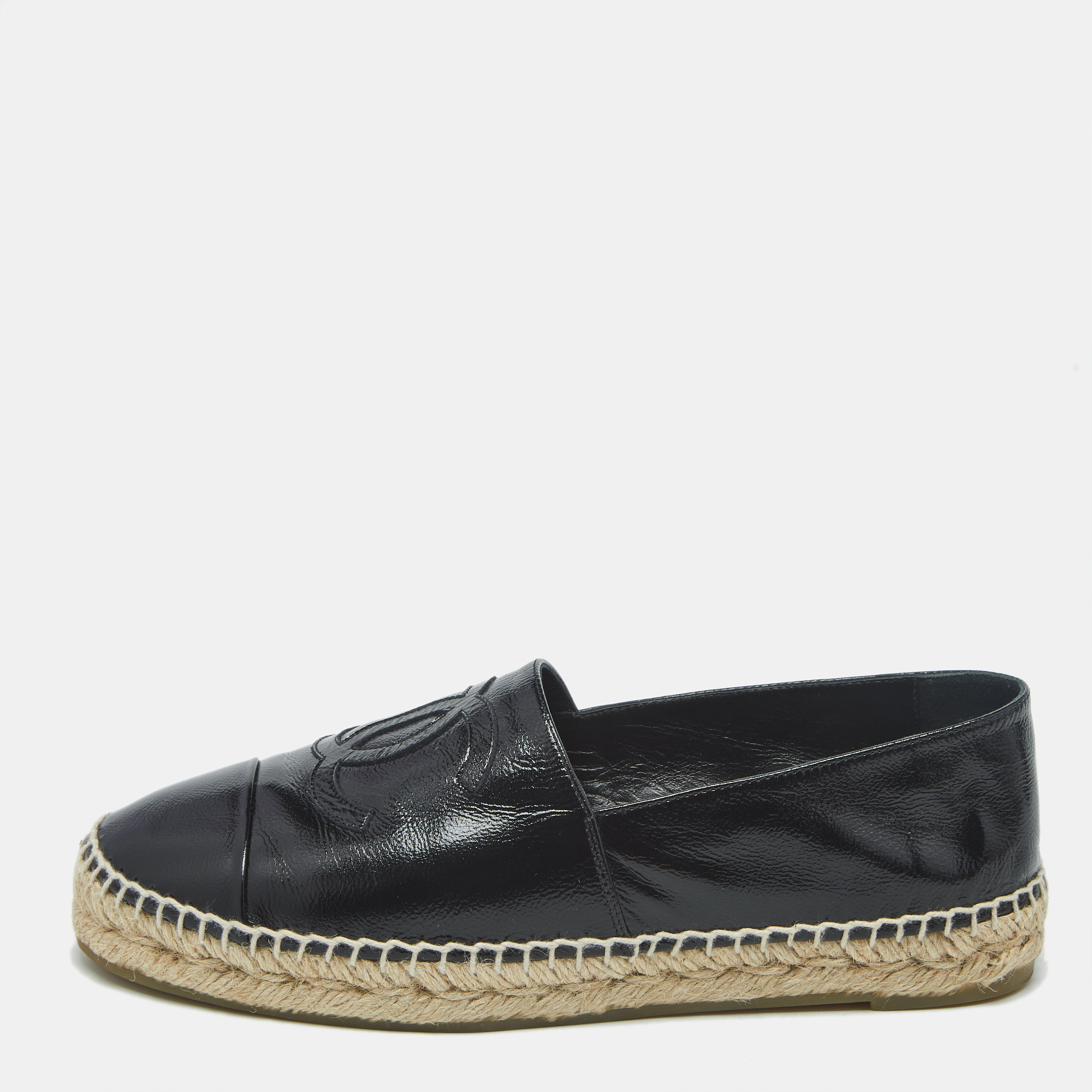 Pre-owned Chanel Black Leather Cc Cap Toe Espadrille Flats Size 38