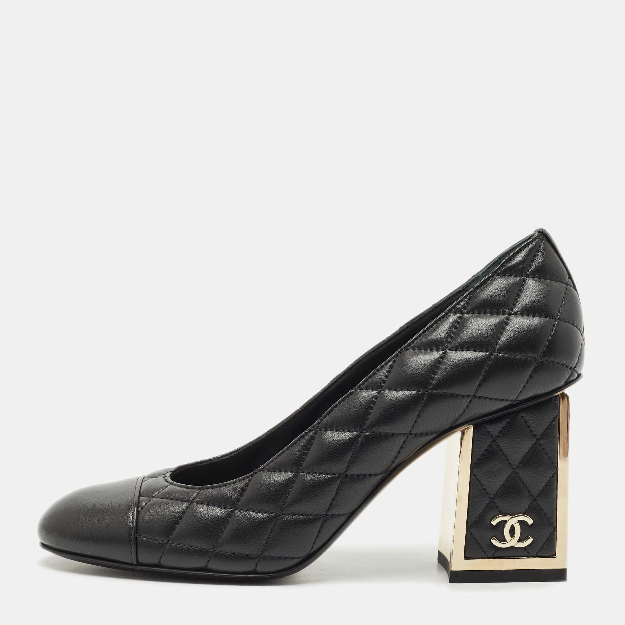 

Chanel Black Leather Cap Toe CC Block Heel Pumps Size