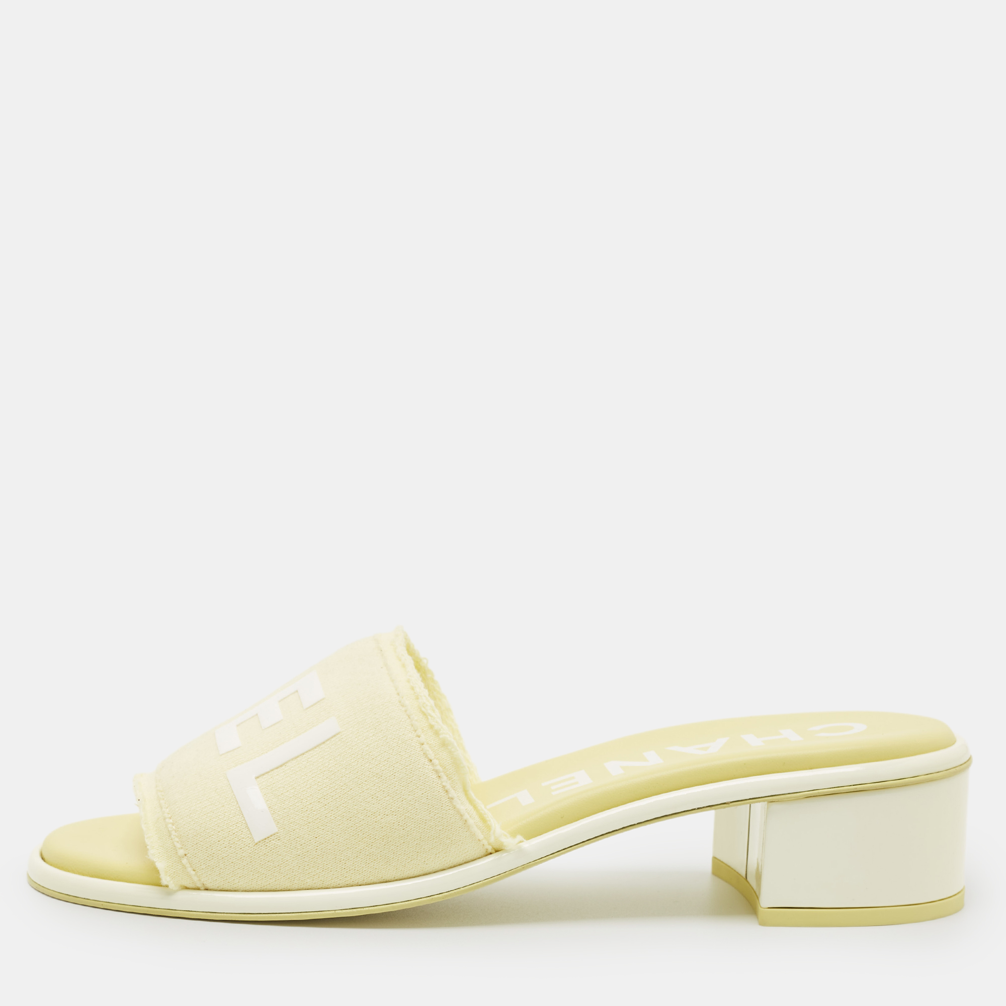 Chanel Yellow/White Fabric Logo Slide Sandals Size 38.5