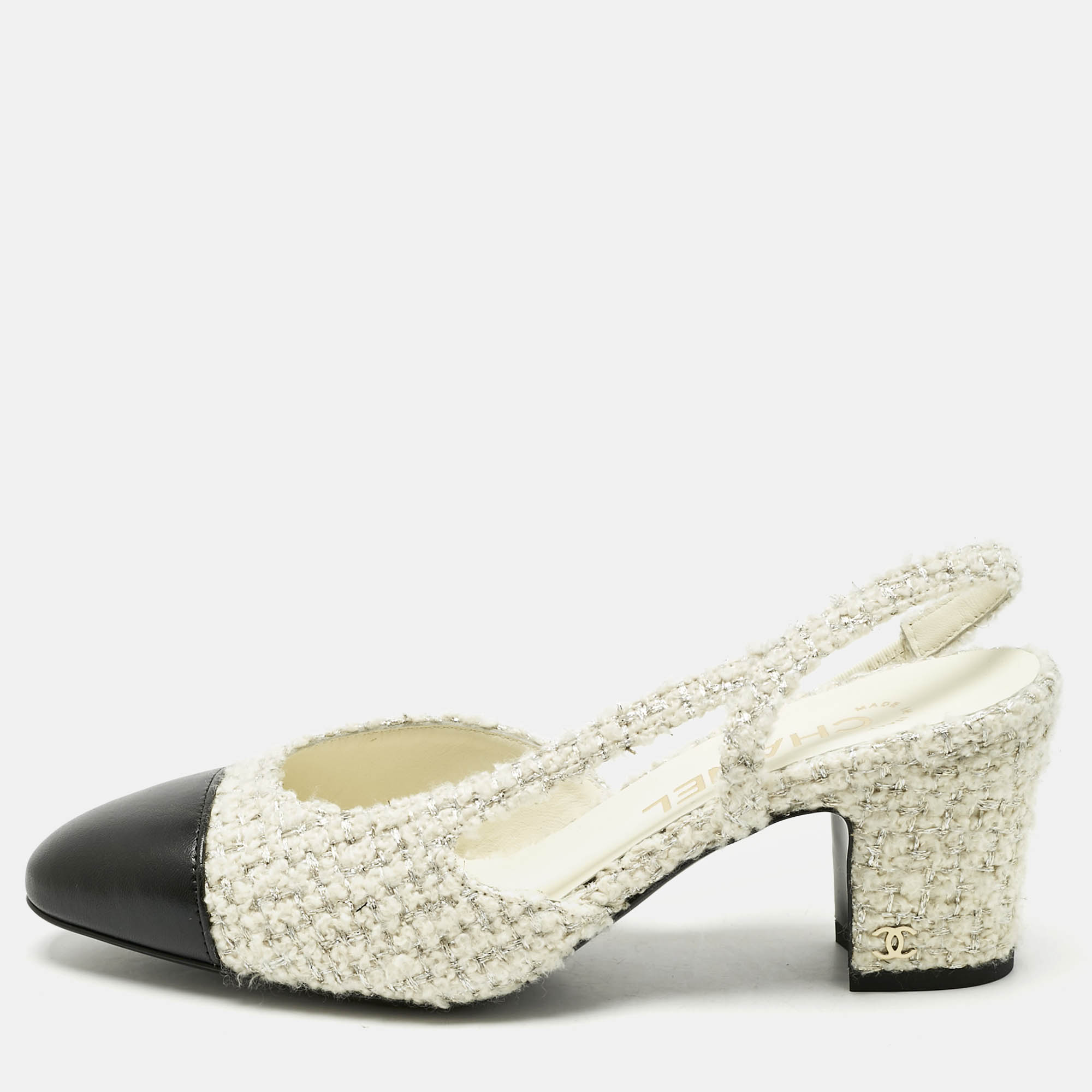 

Chanel White/Black Tweed CC Cap Toe Slingback Pumps Size