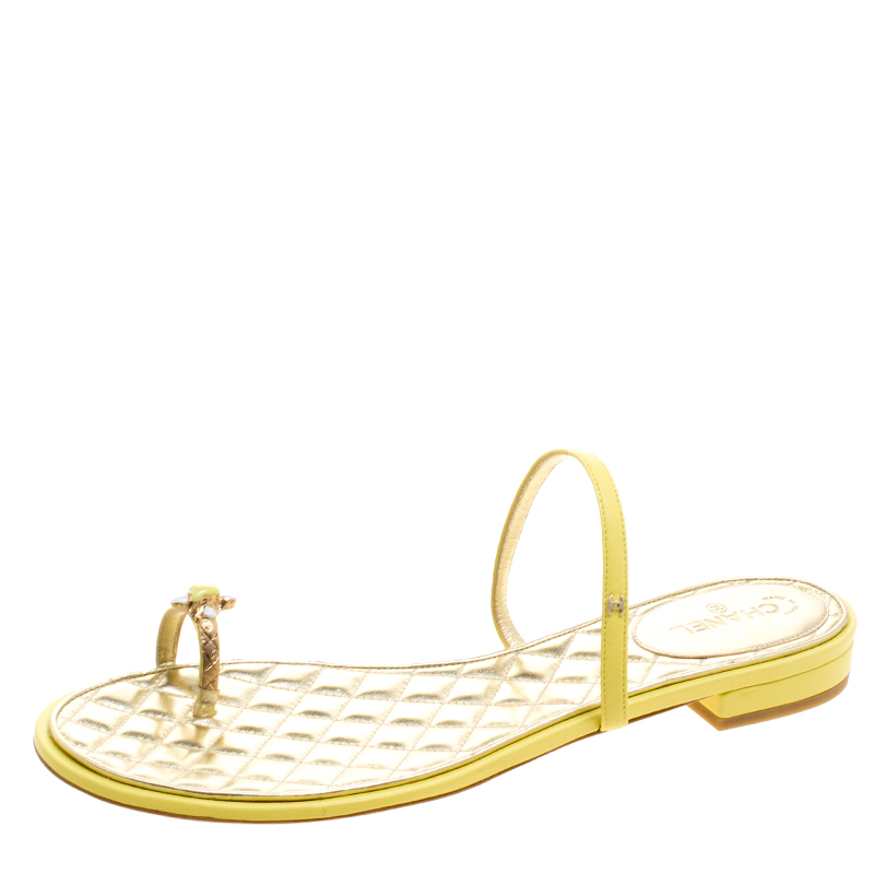 Chanel Yellow Leather Enamel Embellished Toe Ring Flat Sandals Size 41