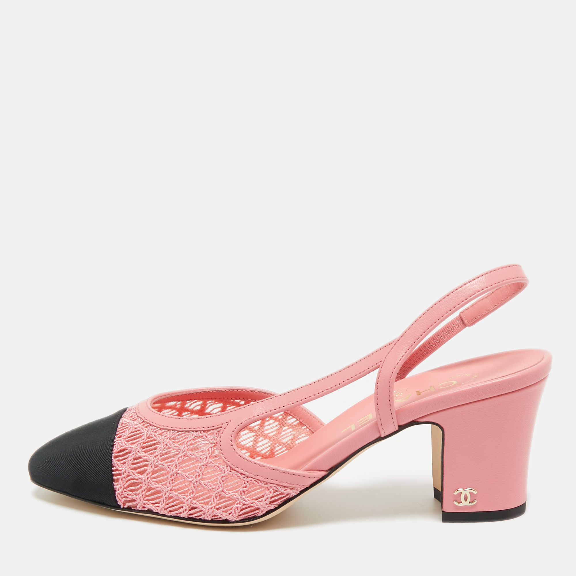 

Chanel Pink/Black Leather and Grosgrain Cap Toe Slingback Pumps Size