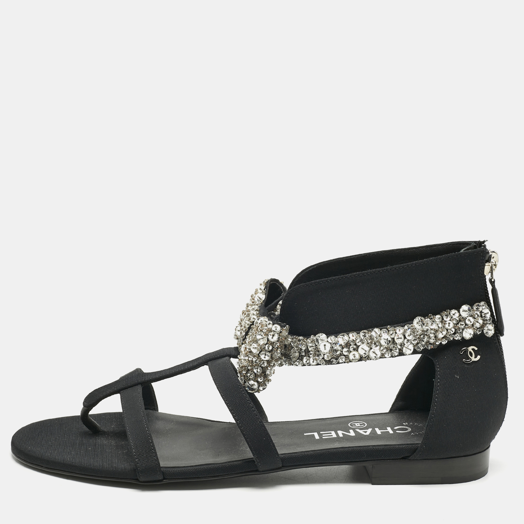 

Chanel Black Canvas Crystal Embellished Bow Flat Sandals Size