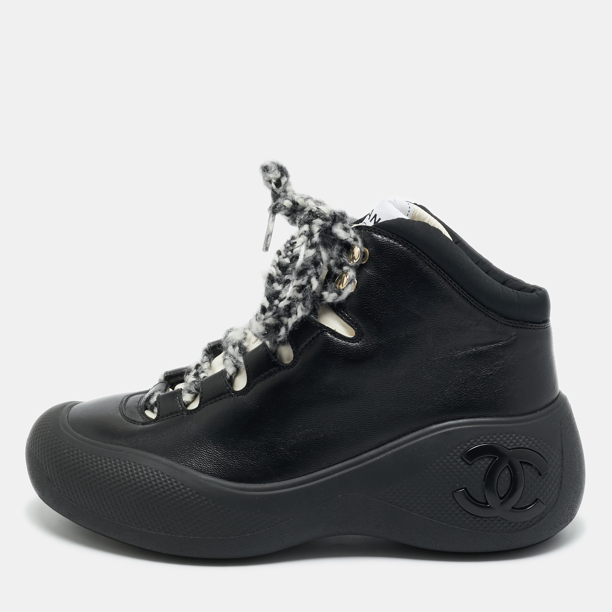 

Chanel Black Leather and Nylon CC Chunky High Top Sneakers Size