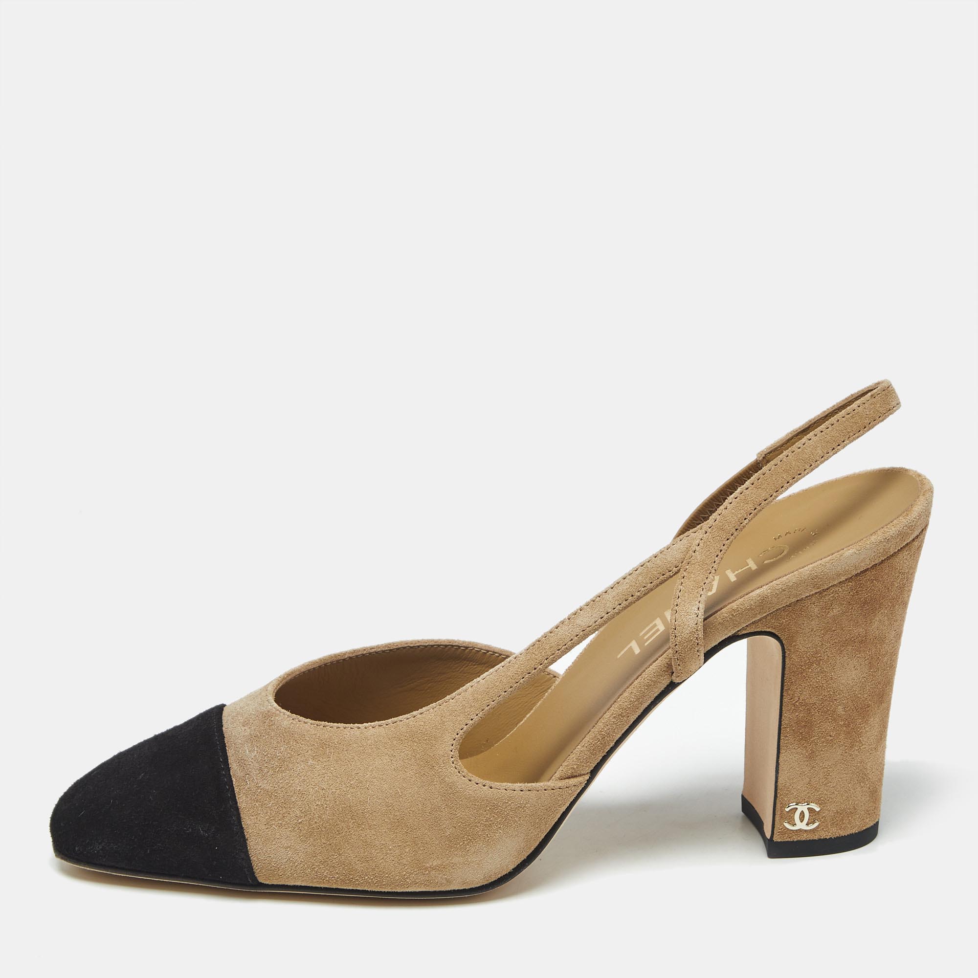 

Chanel Beige/Black Suede CC Cap Toe Slingback Pumps Size