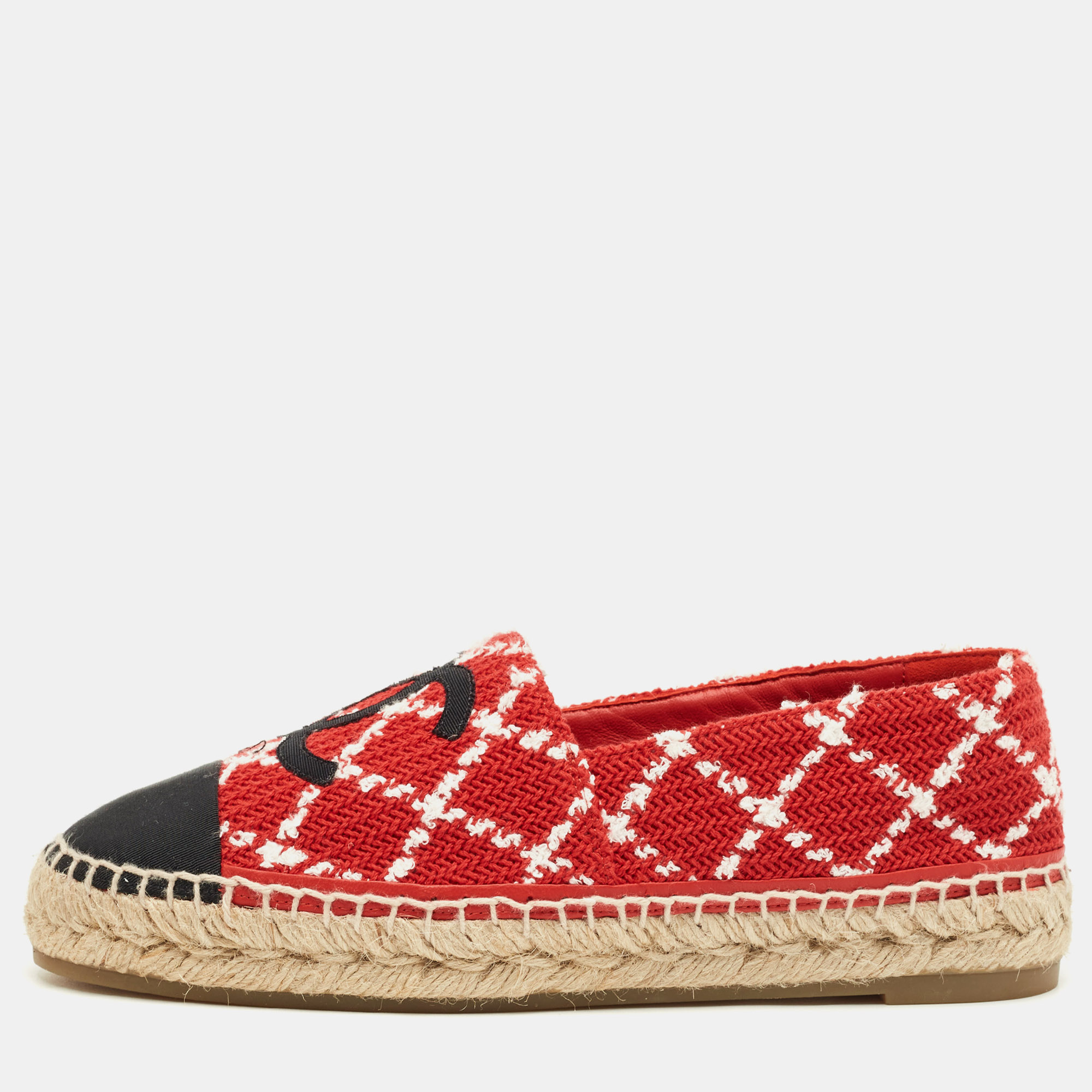 Pre-owned Chanel Red/black Tweed And Canvas Cc Cap Toe Espadrille Flats Size 39