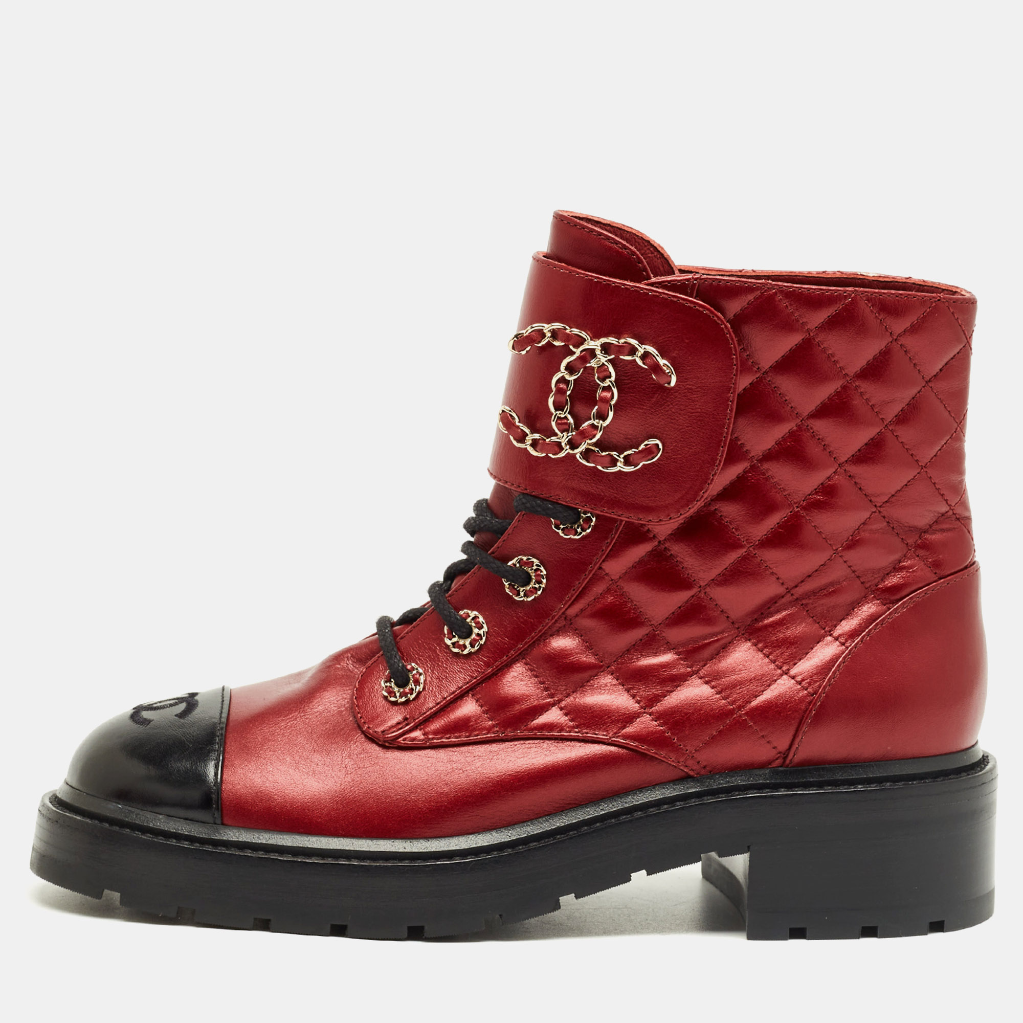 

Chanel Red/Black Leather CC Cap Toe Chain Link Logo Combat Ankle Boots Size