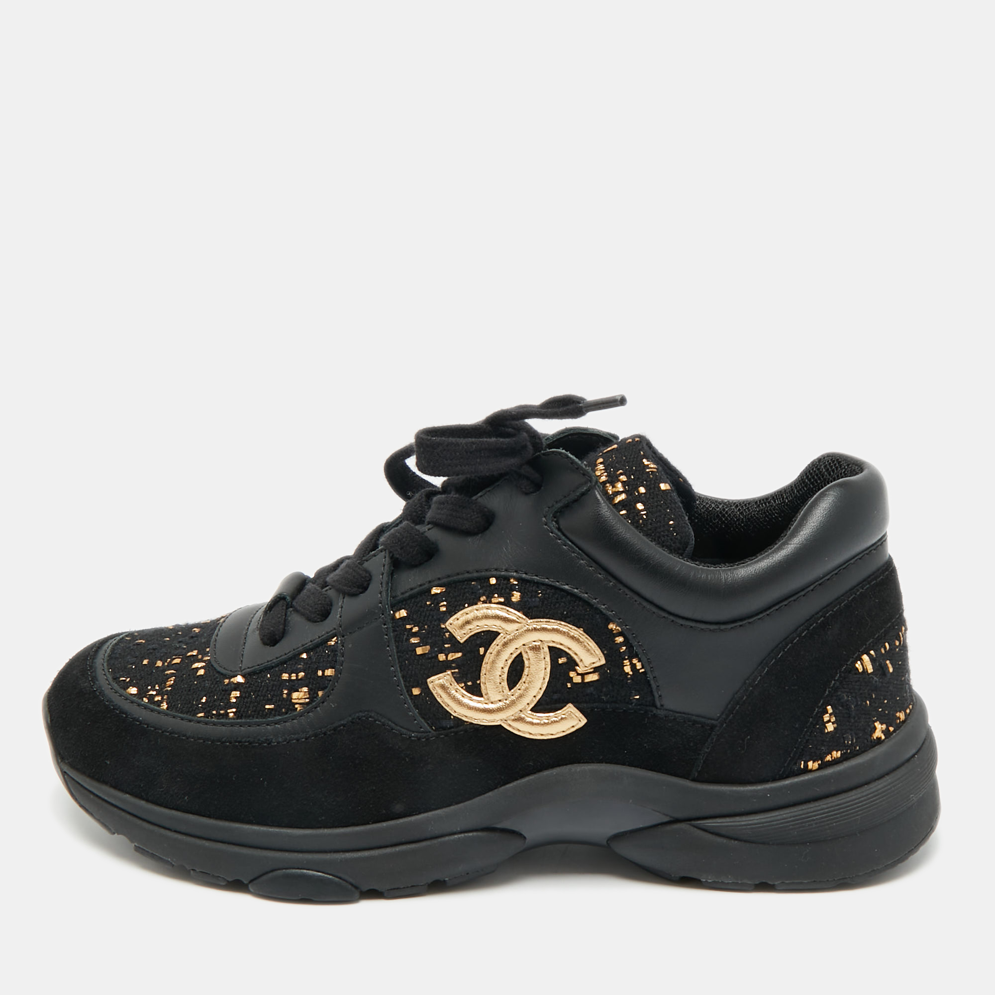 

Chanel Black Leather and Tweed CC Logo Lace Up Sneakers Size