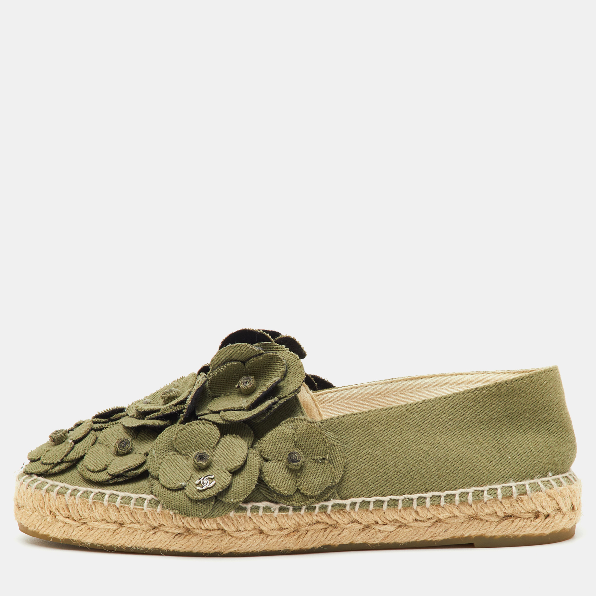 

Chanel Olive Green Canvas CC Camelia Espadrille Flats Size