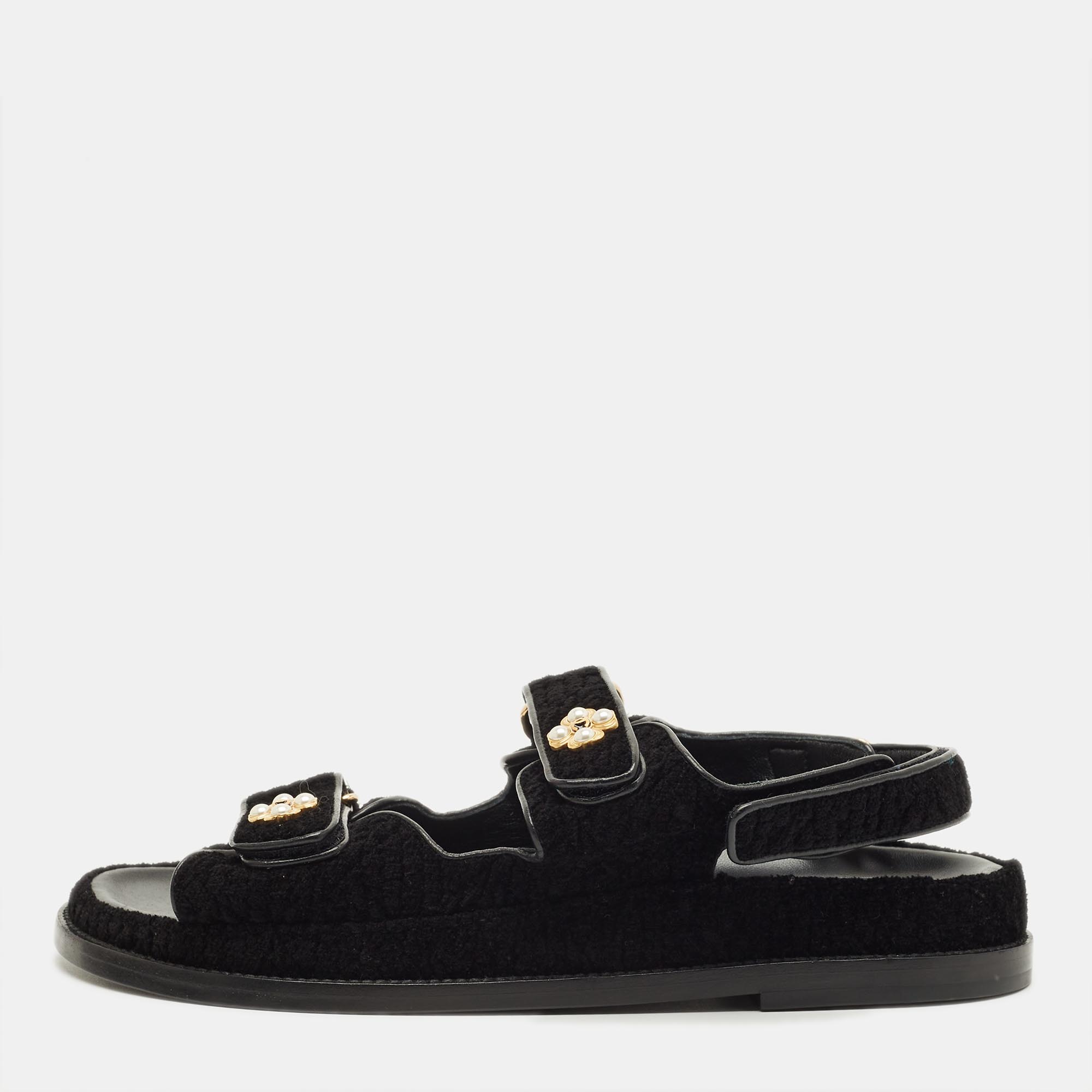 Pre-owned Chanel Dad Size 39.5 Black Wool Flat Sandals