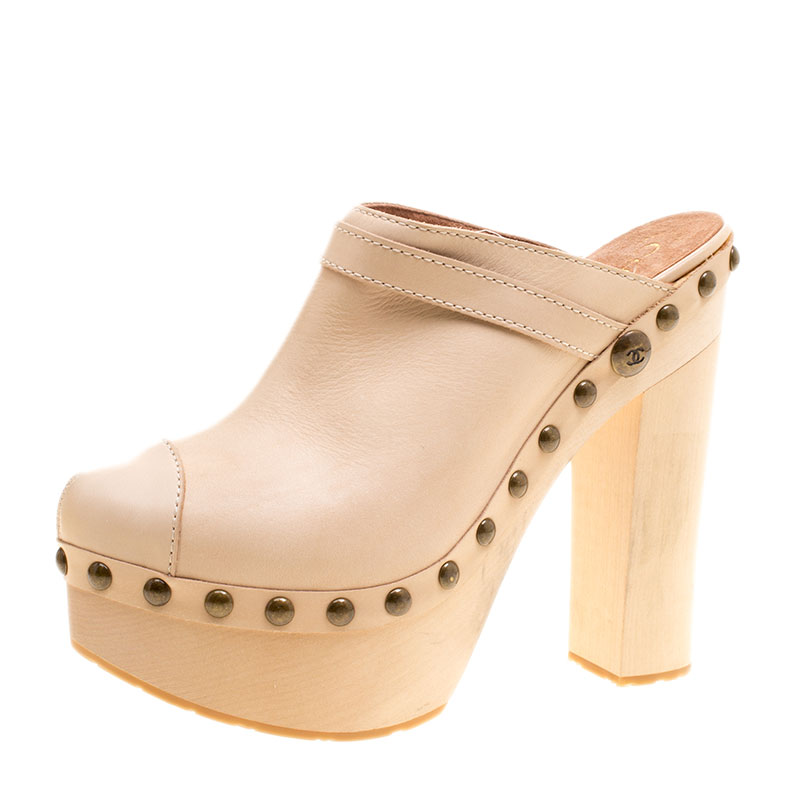Chanel Beige Leather Studded Wood Platform Mules Size 39.5