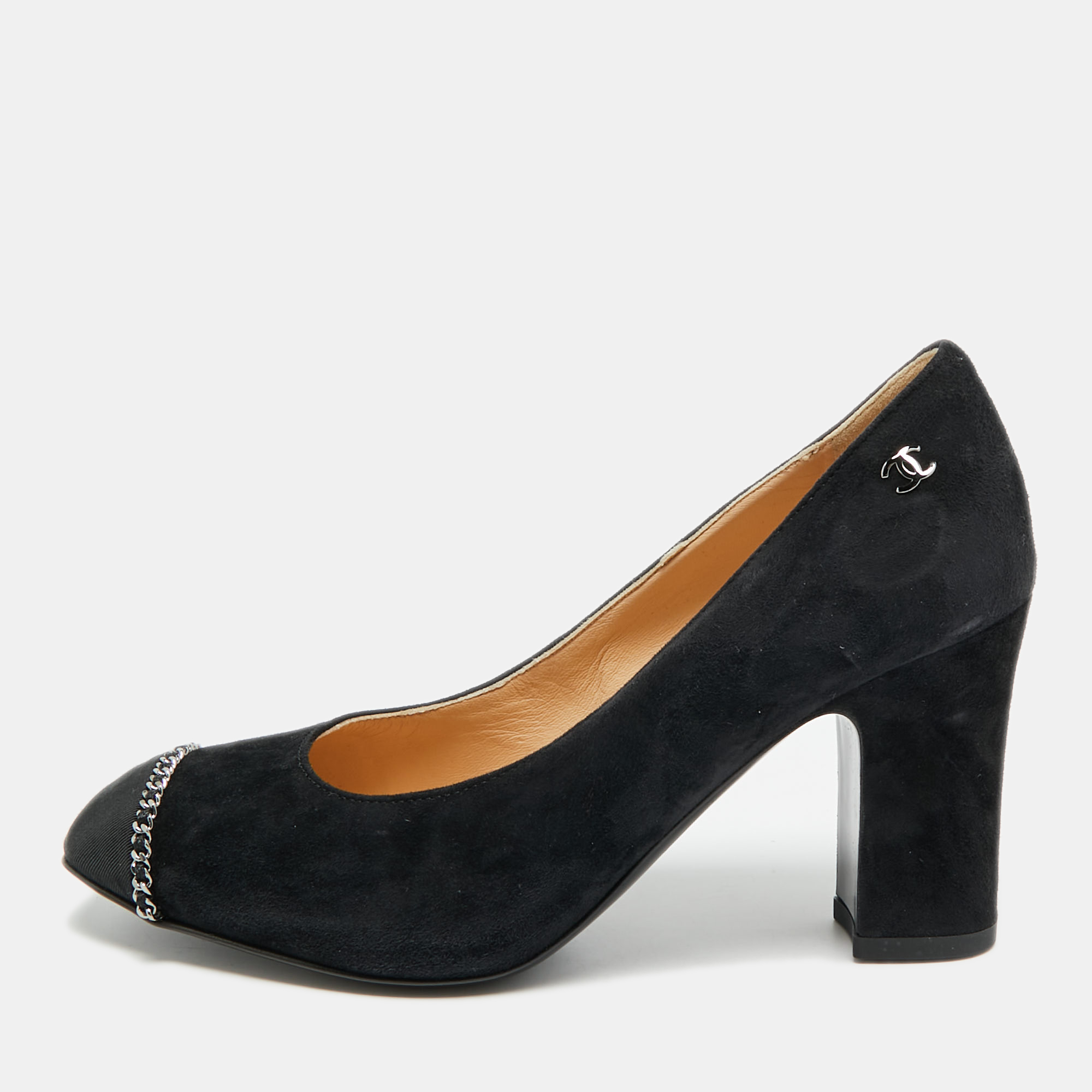 

Chanel CC Size  Black Canvas And Suede Cap Toe Block Heel Pumps
