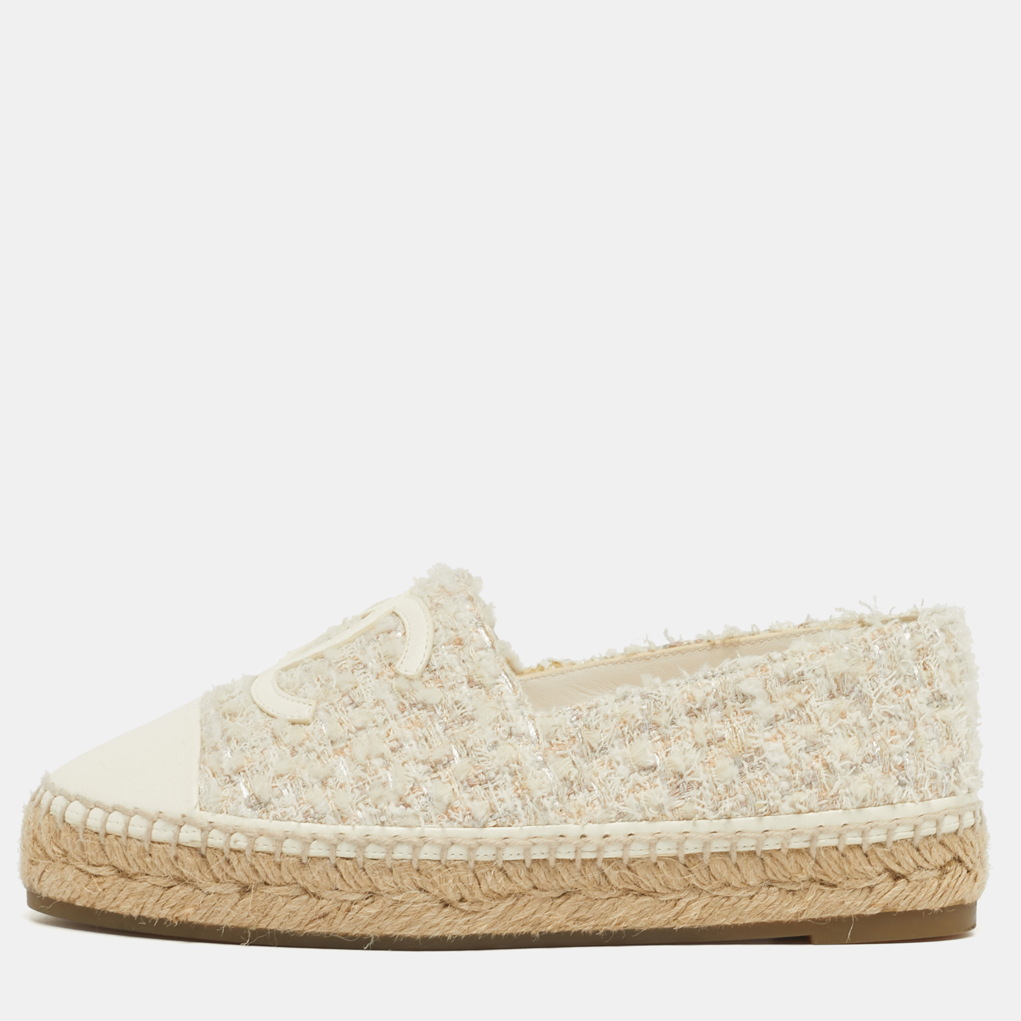 

Chanel CC Size  White Leather and Tweed Espadrille Flats