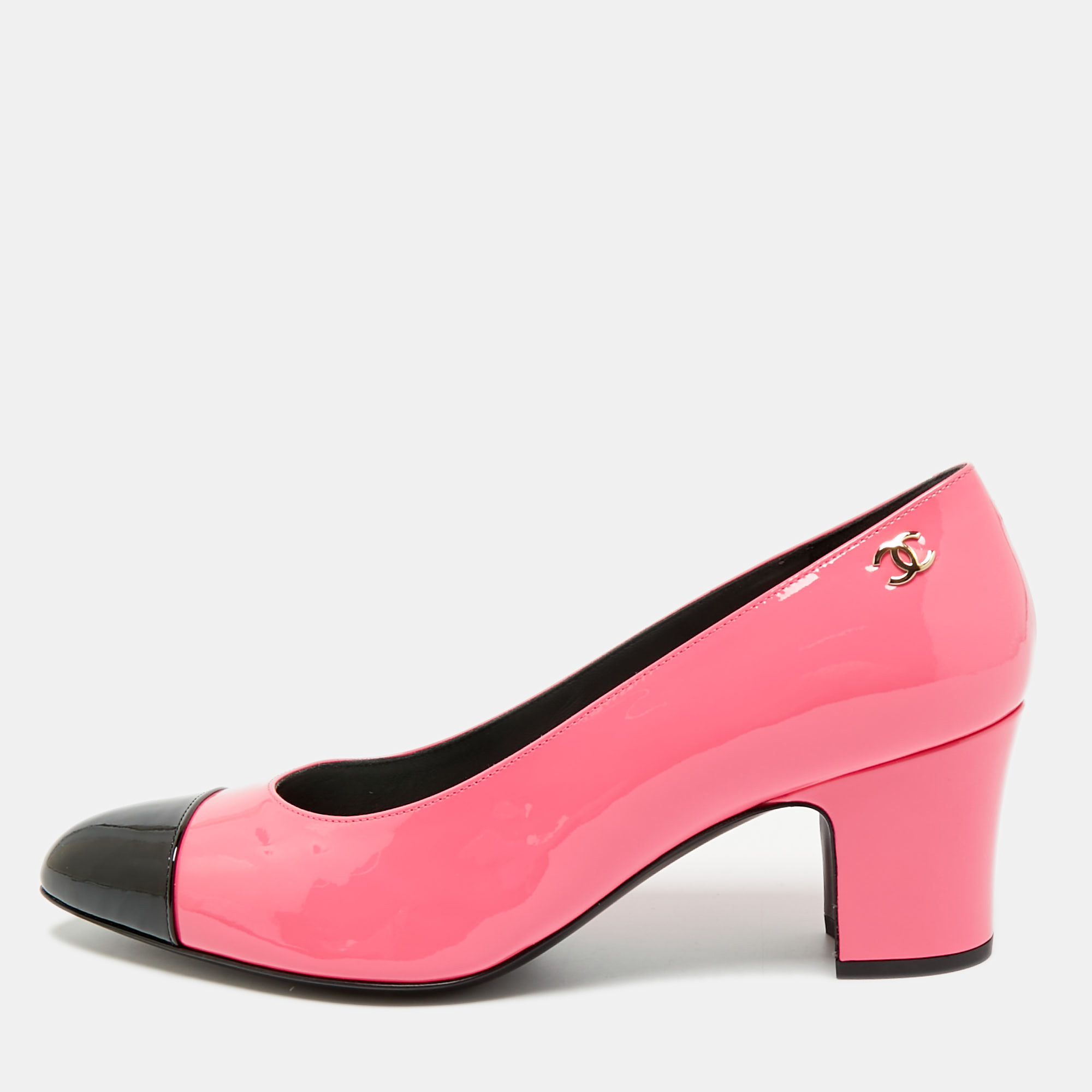 

Chanel CC Size  Pink/Black Patent Leather Cap Toe Block Heel Pumps