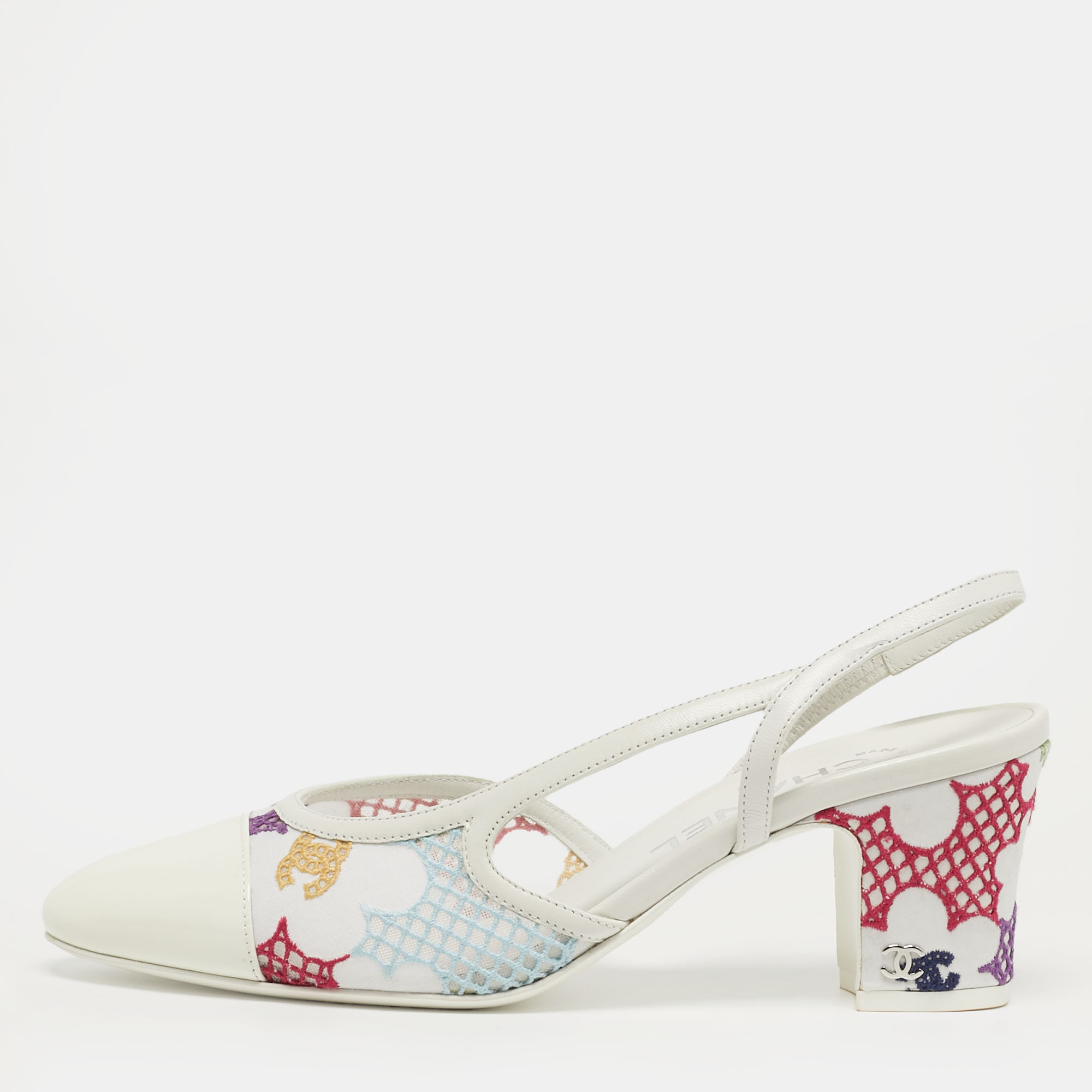 

Chanel Size  Multicolor Fabric and Patent Leather Cap Toe Block Heel Slingback Pumps