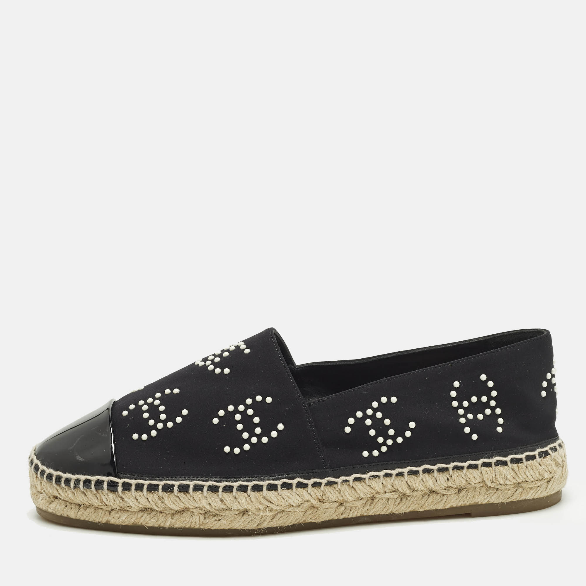 

Chanel CC Interlocking Size  Black Patent and Fabric Pearls Espadrille Flats