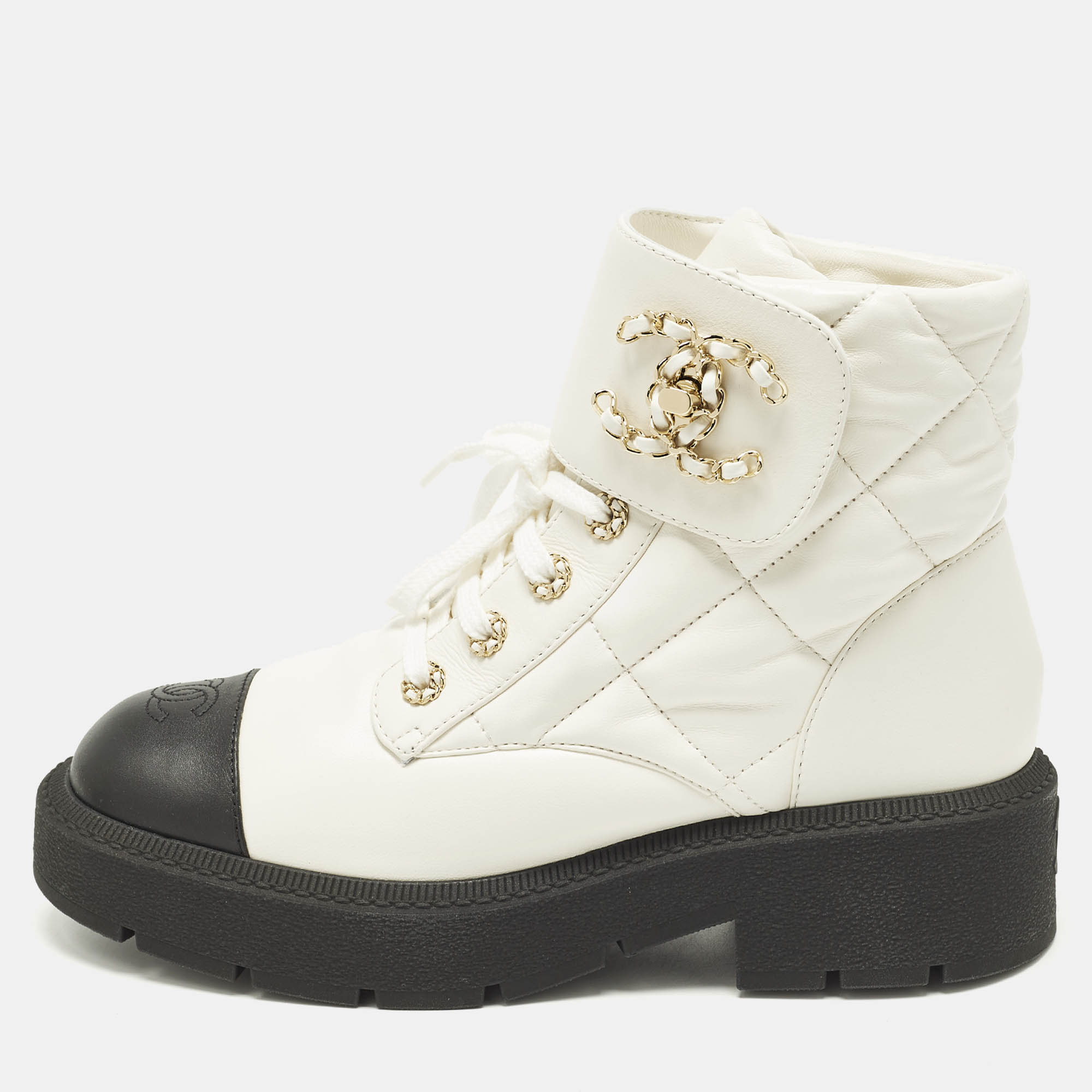 

Chanel CC Size  White/Black Quilted Leather Combat Boots