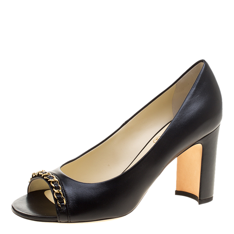 Pre Owned Chanel Black Leather Chain Trim Peep Toe Pumps Size 37