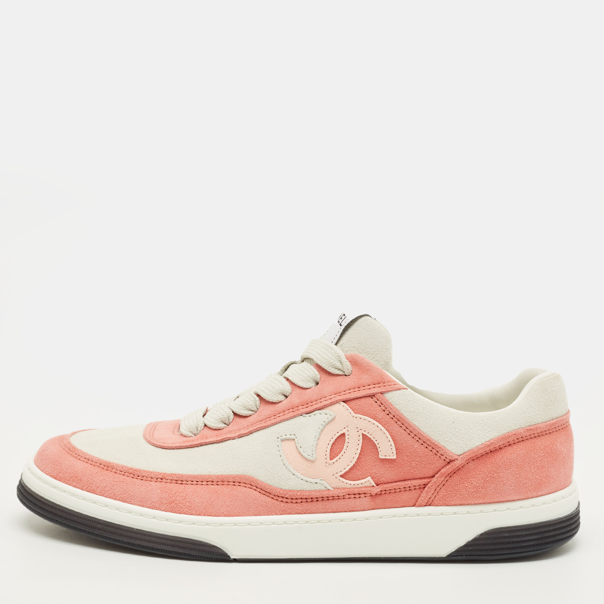 

Chanel CC Size  Two Tone Suede Low Top Sneakers, Beige