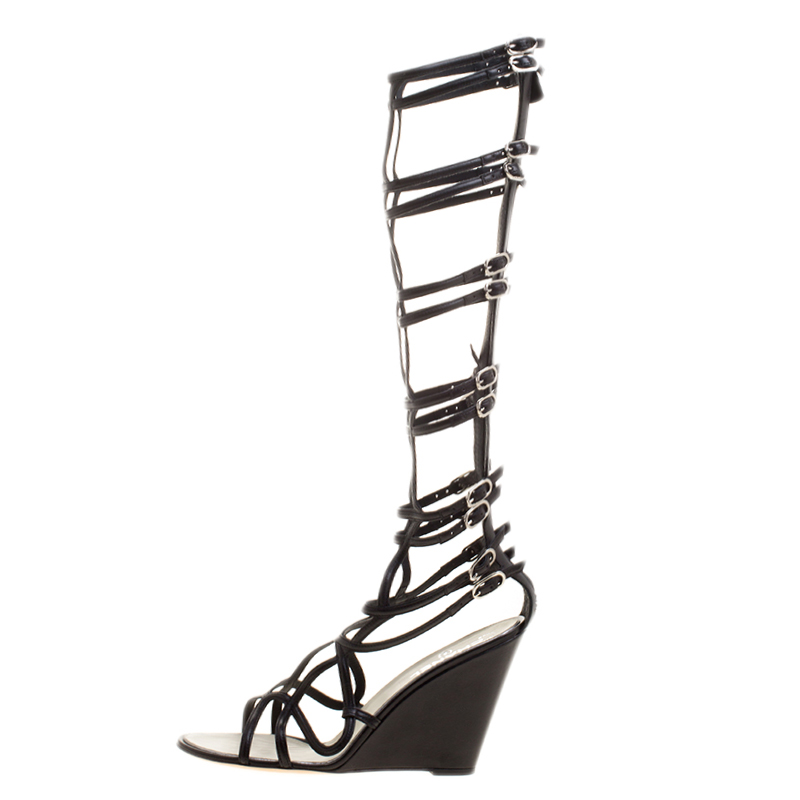 

Chanel Black Leather Open Toe Gladiator Wedge Sandals Size