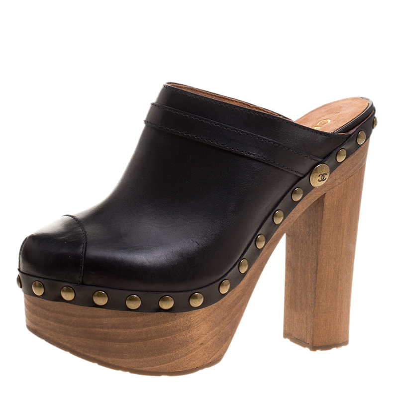 Chanel Black Leather Platform Wooden Clogs Size 40 Chanel | TLC
