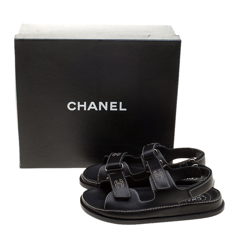 Chanel Black Leather CC Velcro Flat Sandals Size 37.5 Chanel