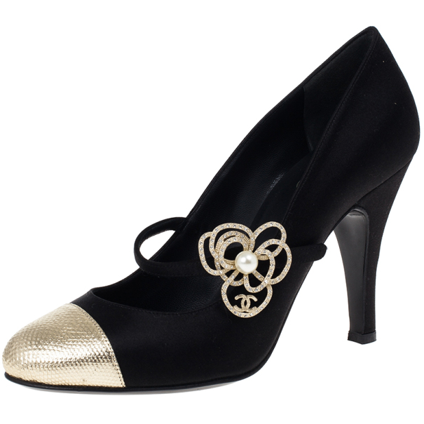 Pre Owned Chanel Black Satin Pearl Flower Mary Jane Pumps Size 37