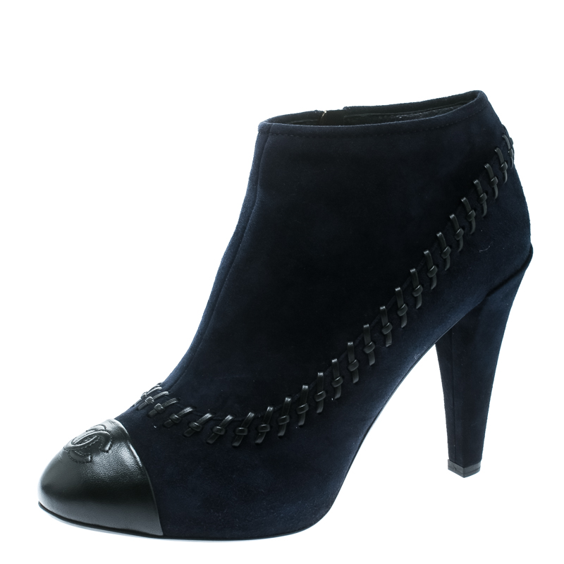 Chanel Blue Suede And Leather Whipstitch Cap Toe Ankle Boots Size 40.5