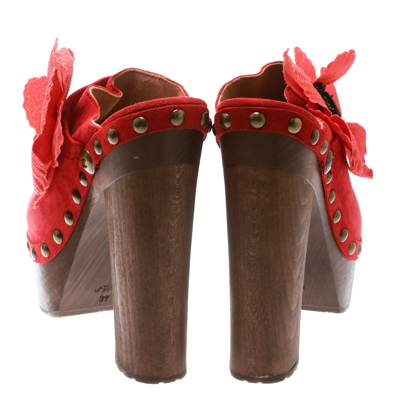 Chanel Red Suede Camellia Embellished Wooden Clogs Size 40