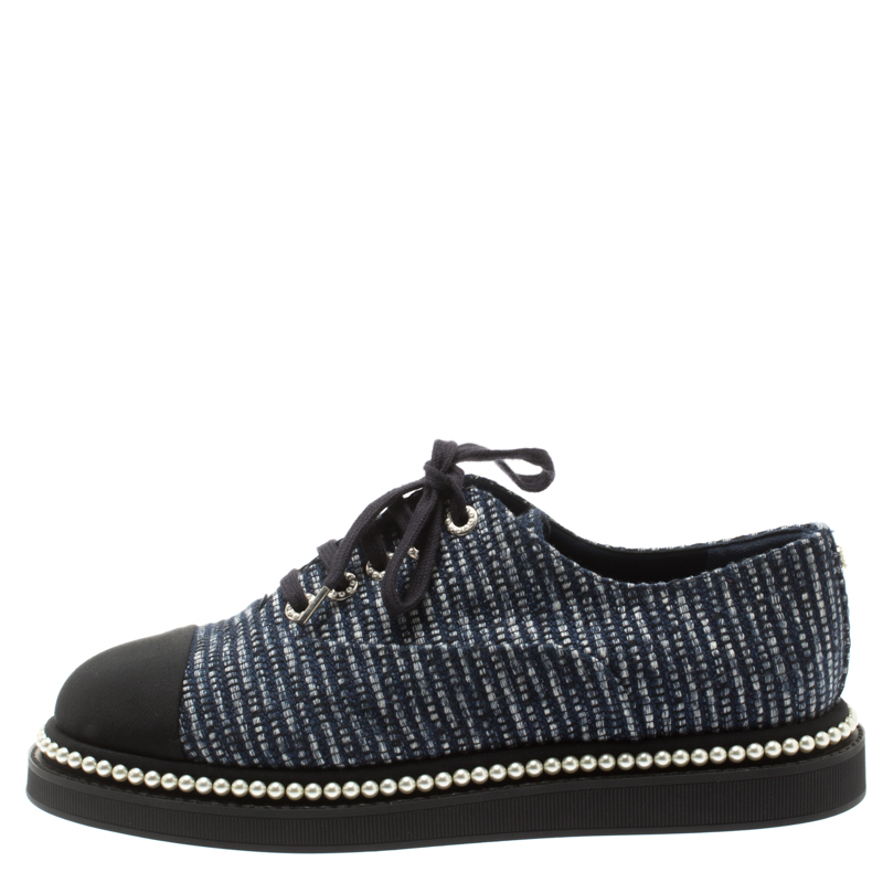 

Chanel Tricolor Fabric And Canvas Cap Toe Faux Pearl Trim Oxfords Size, Blue