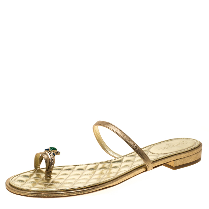 Chanel Metallic Gold Leather Enamel Embellished Toe Ring Flat Sandals Size 40.5