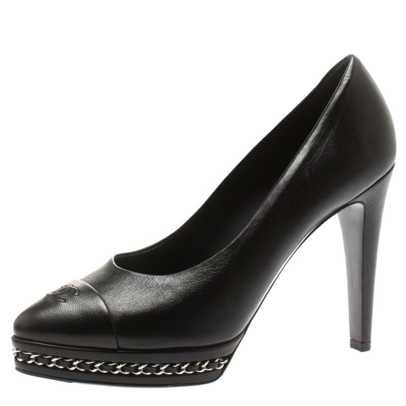 Pre Owned Chanel Black Leather CC Cap Toe Chain Detail Platform Pumps Size 38.5