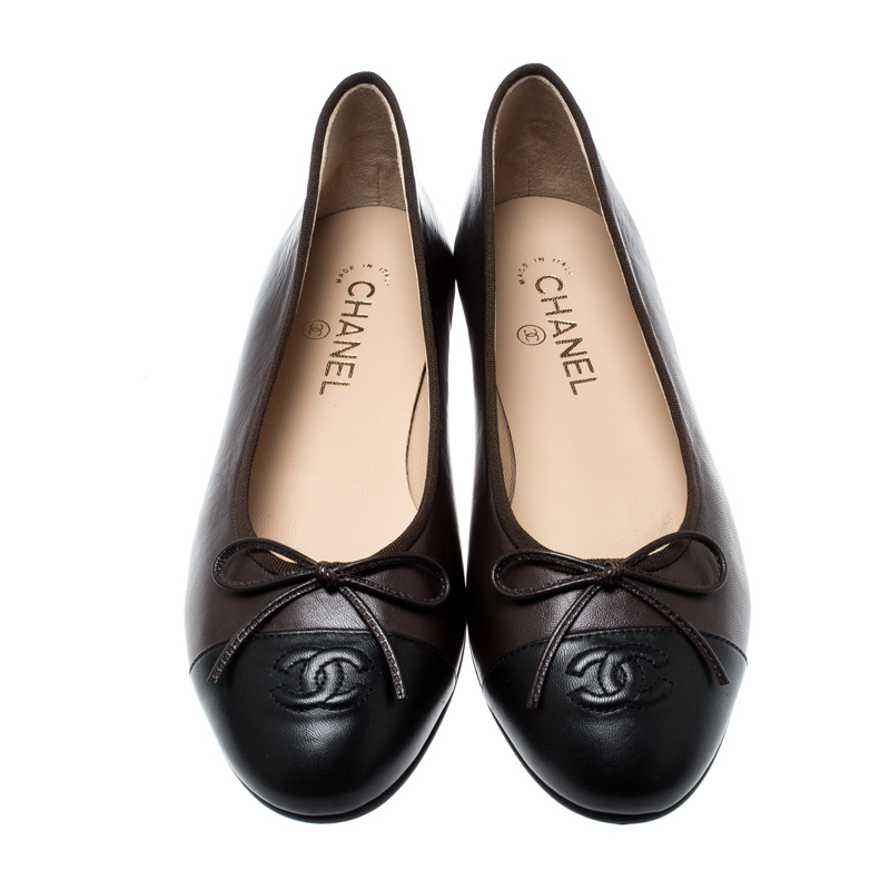 Chanel Black/Brown Leather CC Cap Toe Ballet Flats Size 40.5
